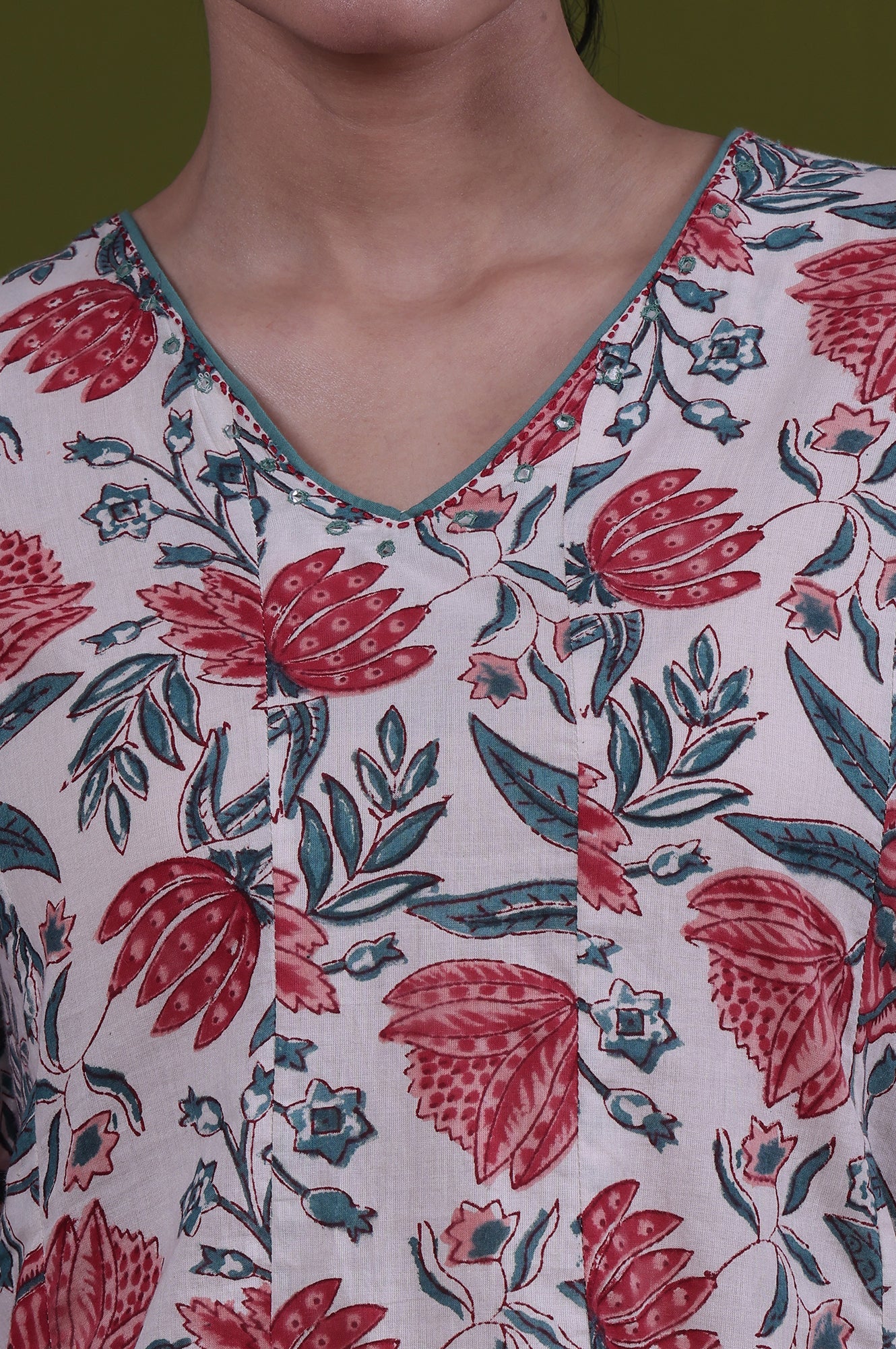 White Floral Printed Mirror Work Flared Pure Cotton Top