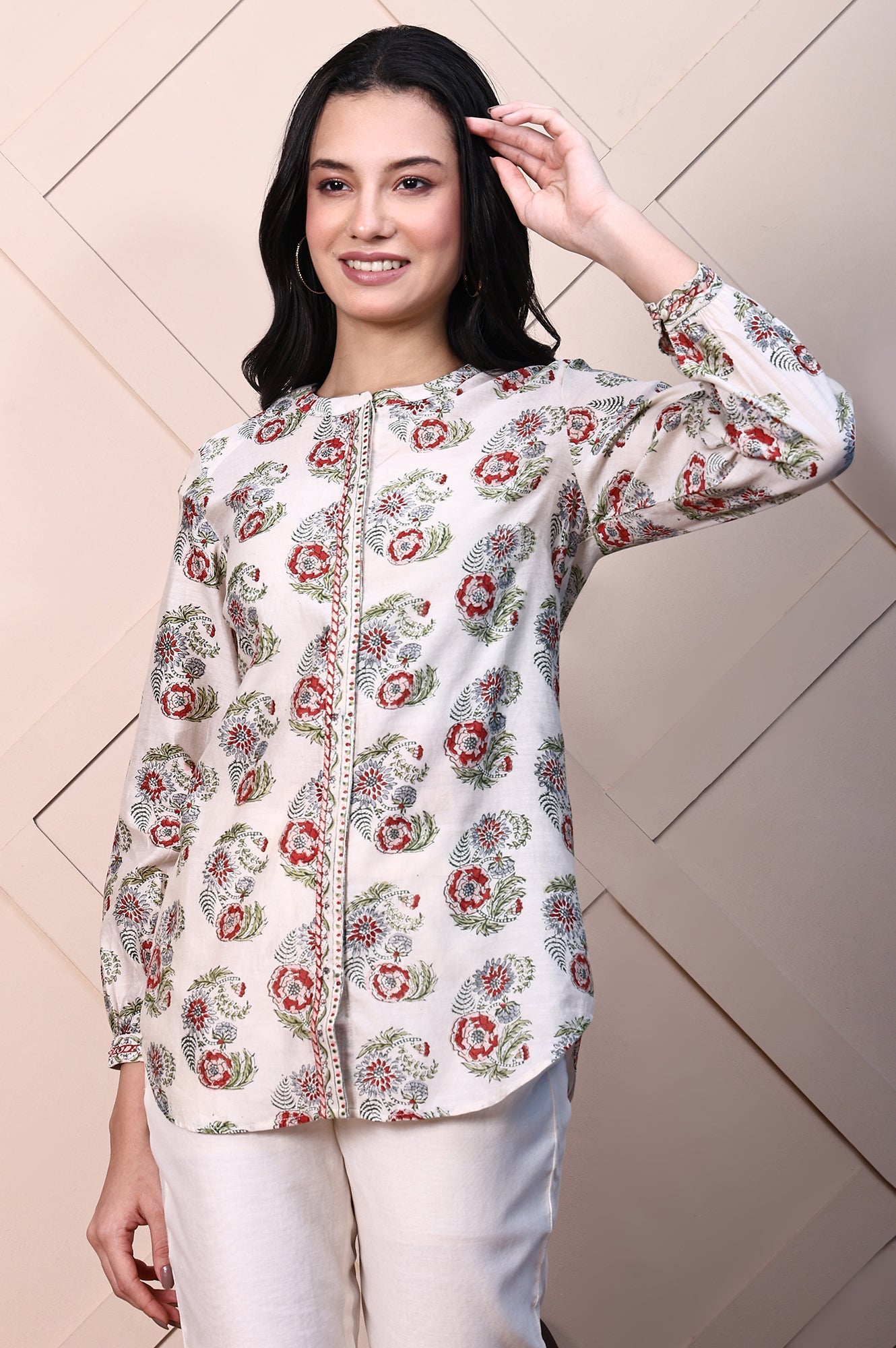 White Block Printed Cotton Silk Mirror Work Top with Gathered Sleeves