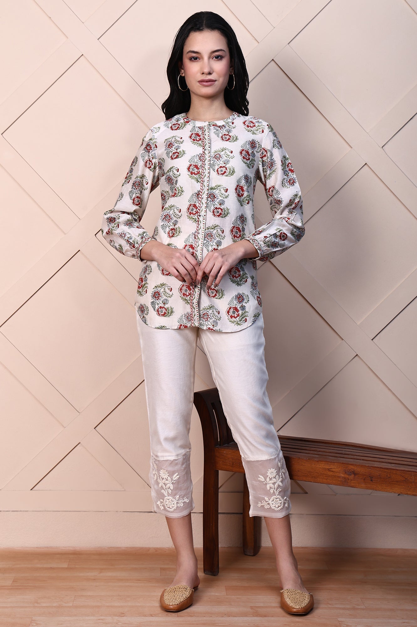 White Block Printed Cotton Silk Mirror Work Top with Gathered Sleeves
