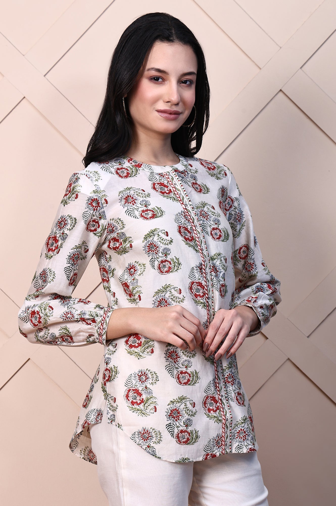 White Block Printed Cotton Silk Mirror Work Top with Gathered Sleeves