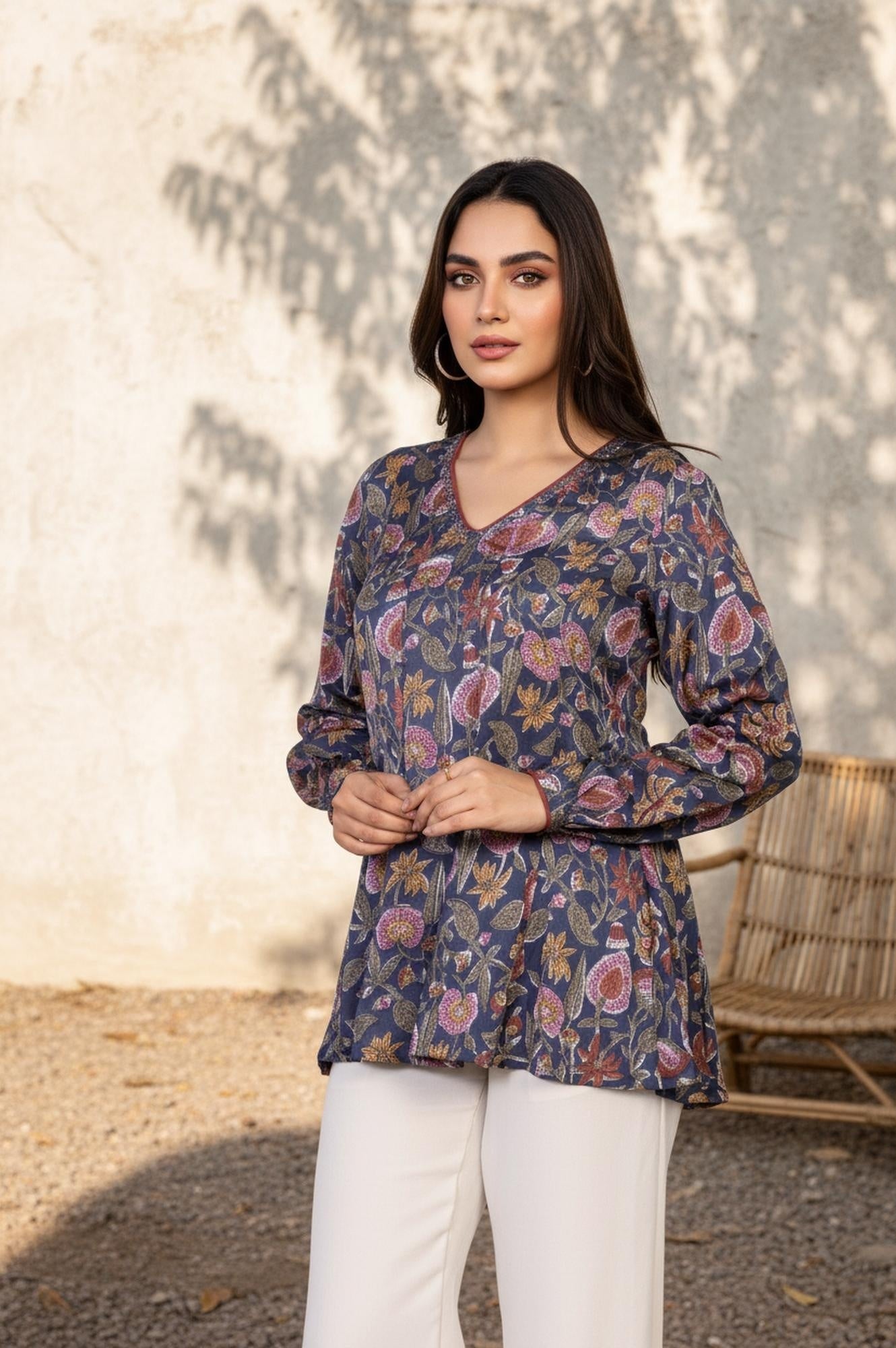 Blue Floral Thread Work Flared Modal Satin Top
