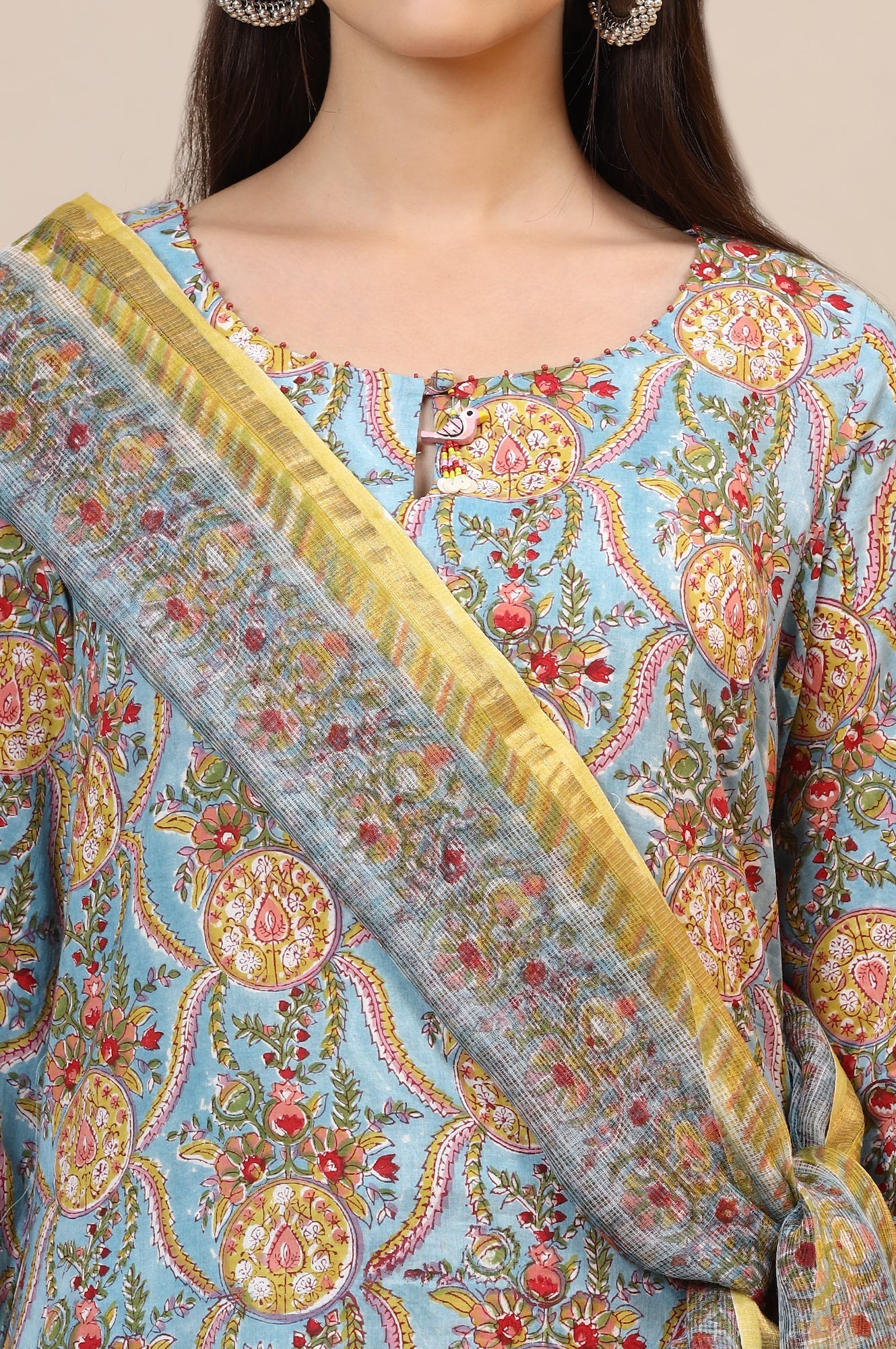 Blue Handblock Printed Kurta, Straight Pants and Dupatta Set