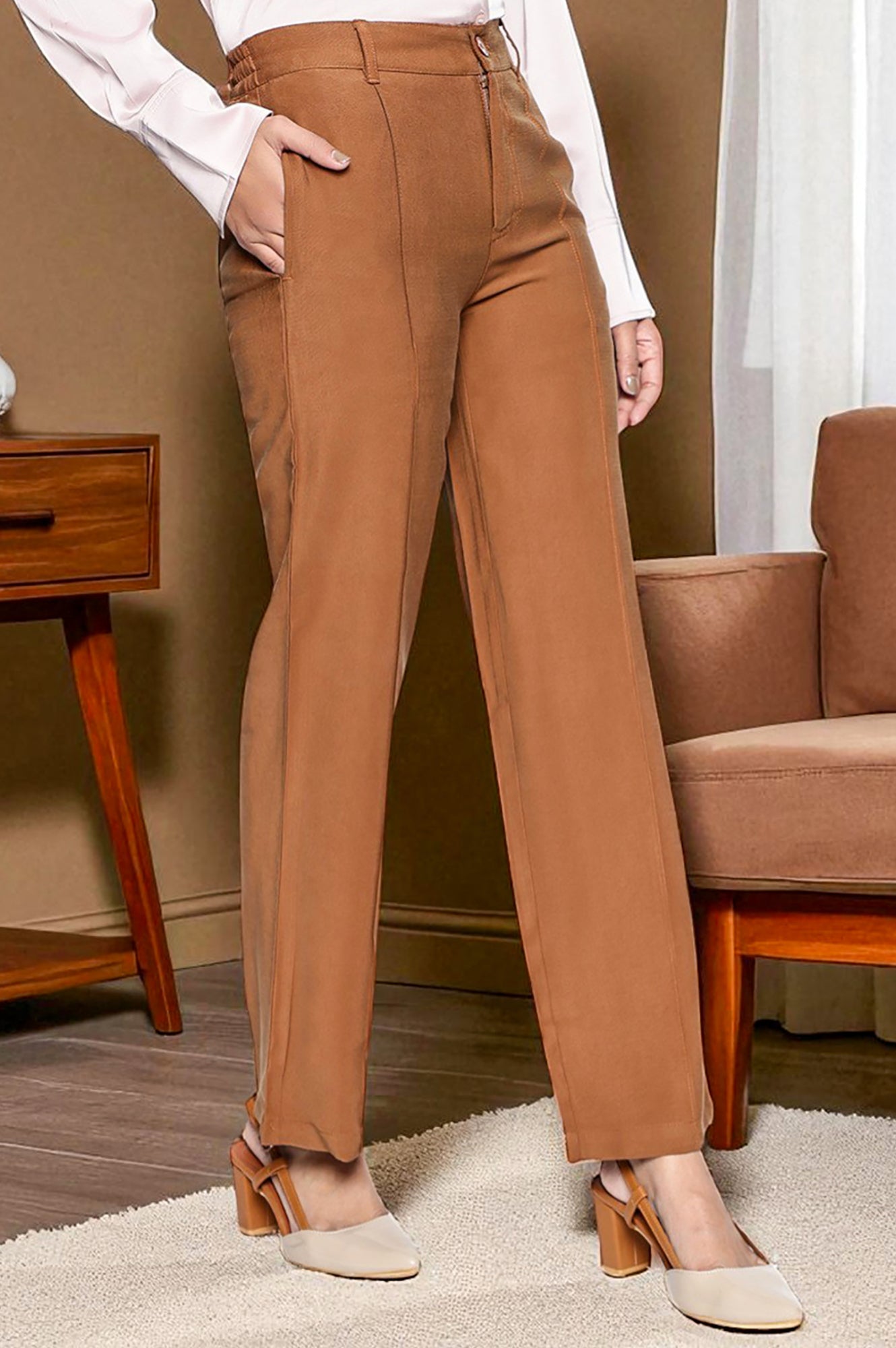 Brown Solid Korean Rayon Formal Parallel Pants