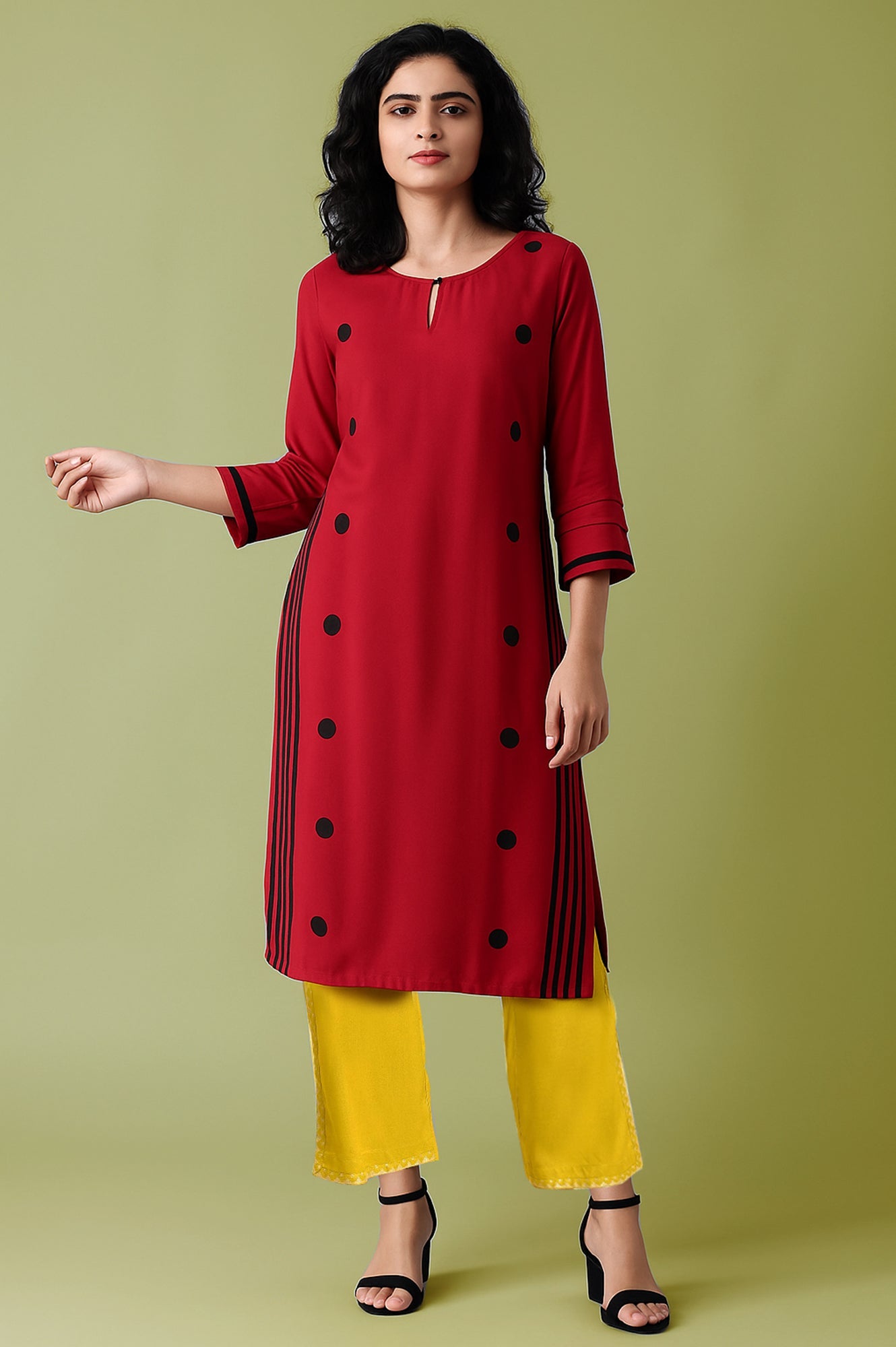 Red Geometric Printed Straight Kurta with Straight pant Set
