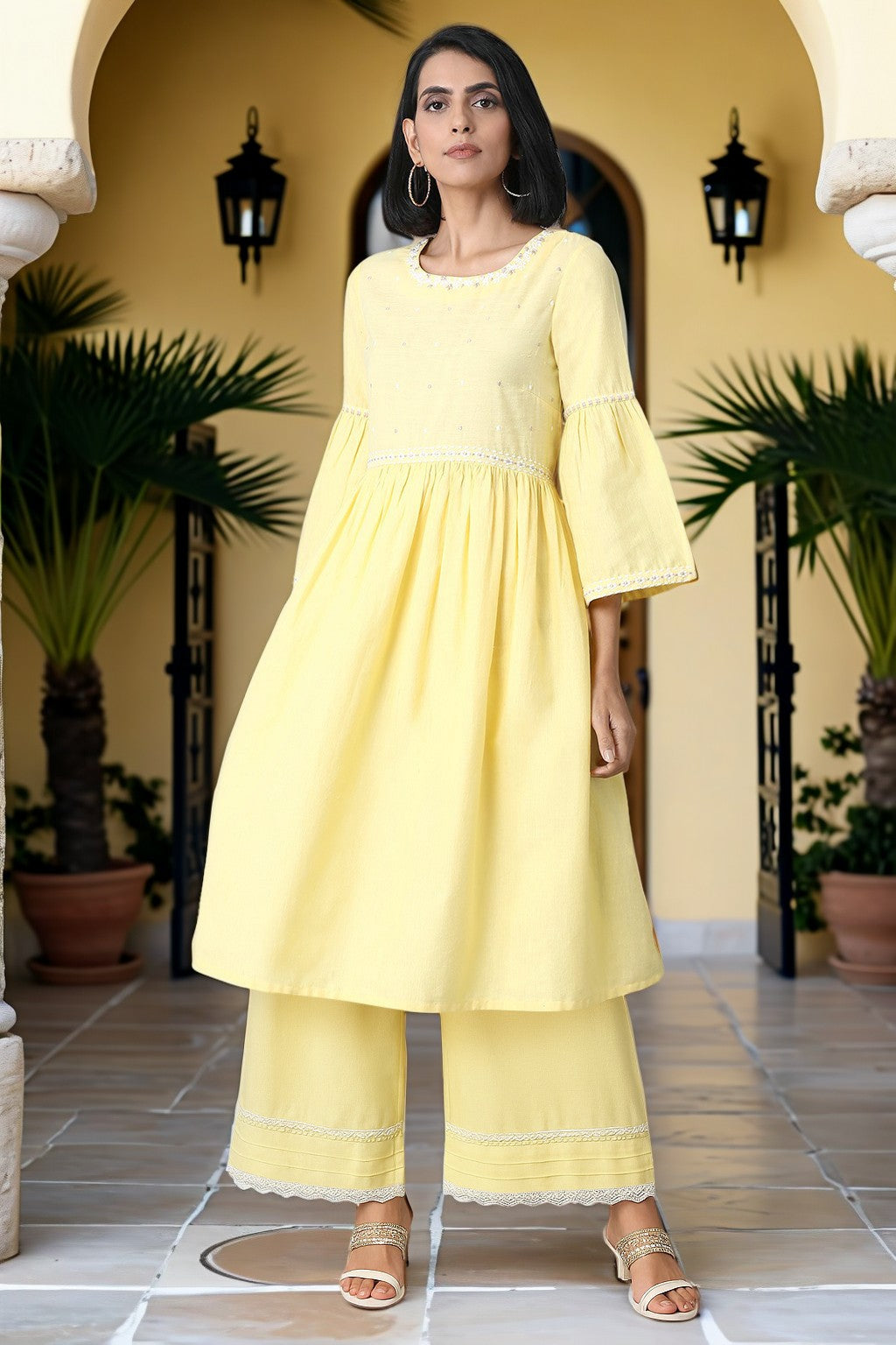 Yellow Thread Embroidery Pure Cotton Straight Dress and Parallel Pant Set