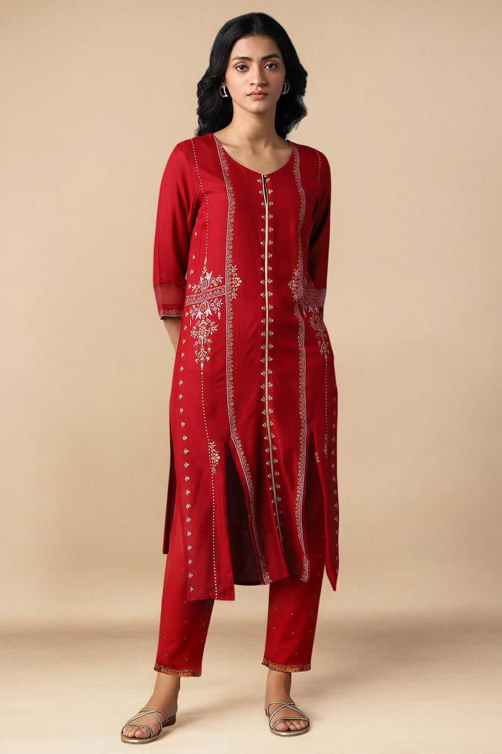 Red Straight Kurta and Slim Pant Set