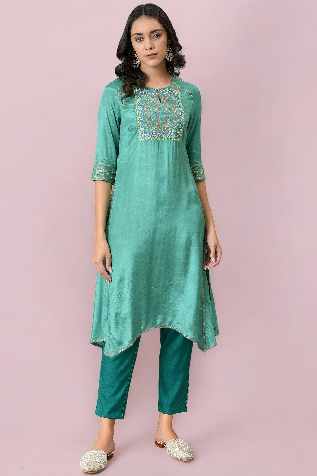 Green Thread Embroidery Straight Kurta and Slim Pant Set