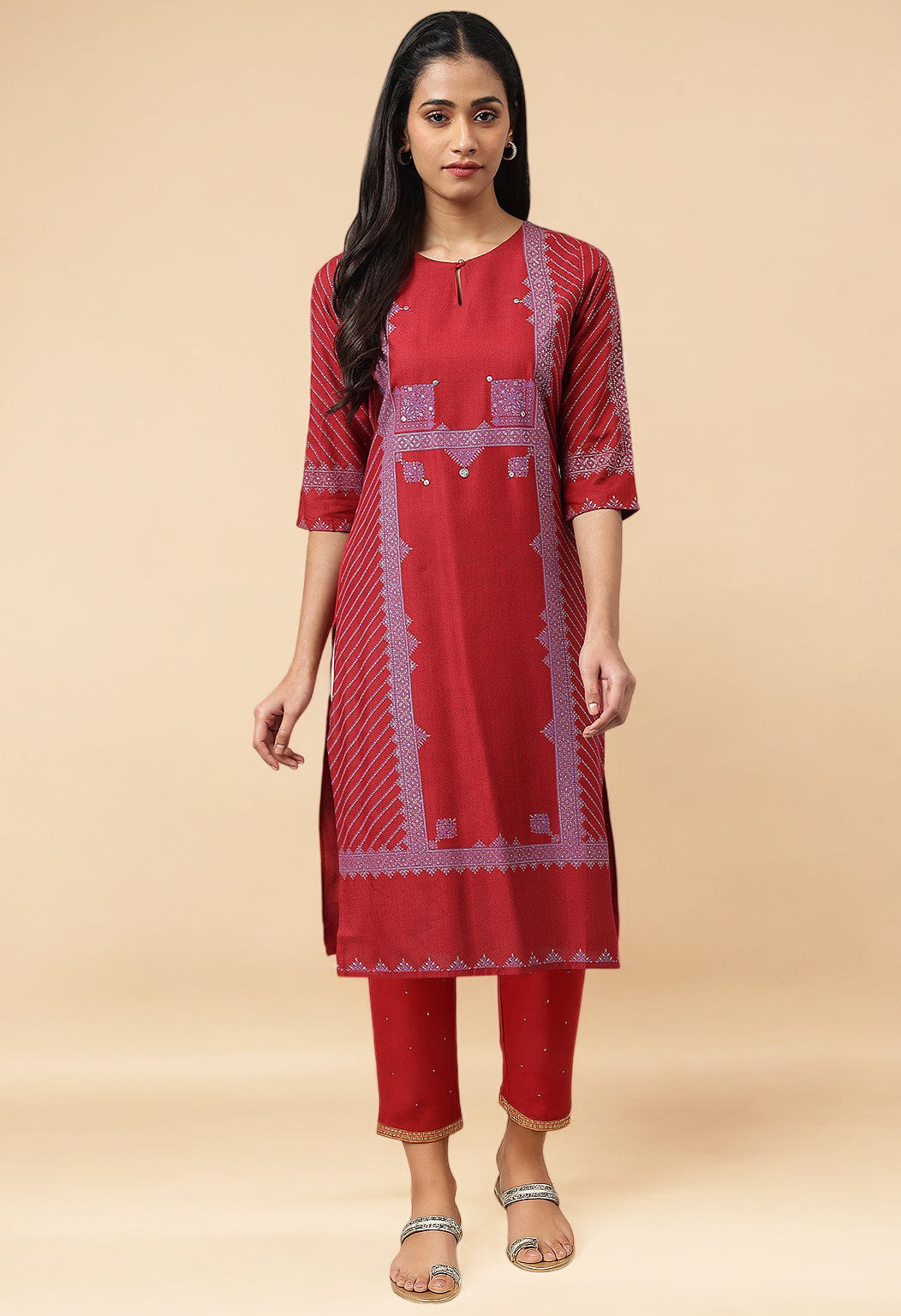 Red Sequins A-line Kurta and Slim Pant Set