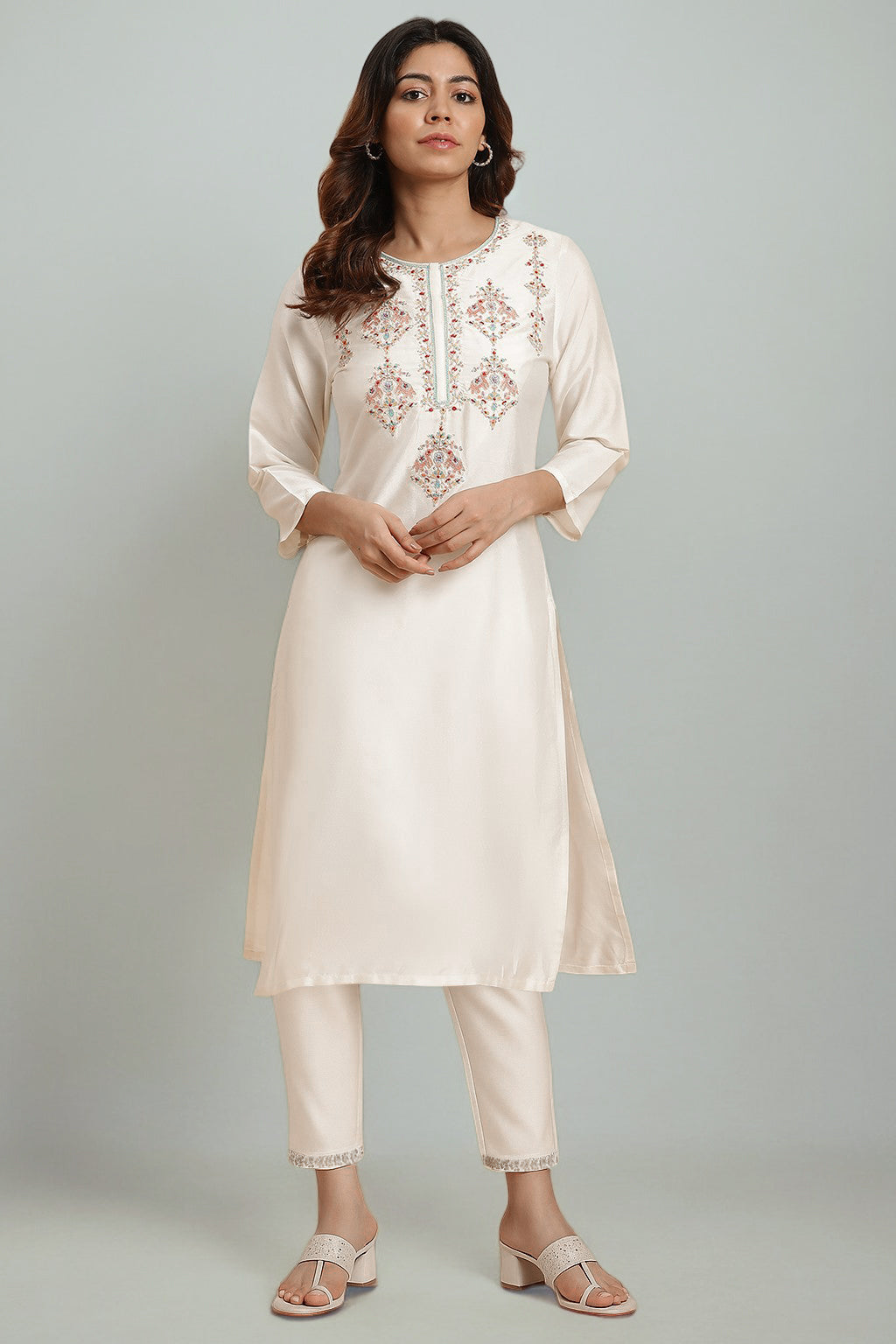 White Dori Embroidery Viscose Blend Straight Kurta and Slim Pant Set