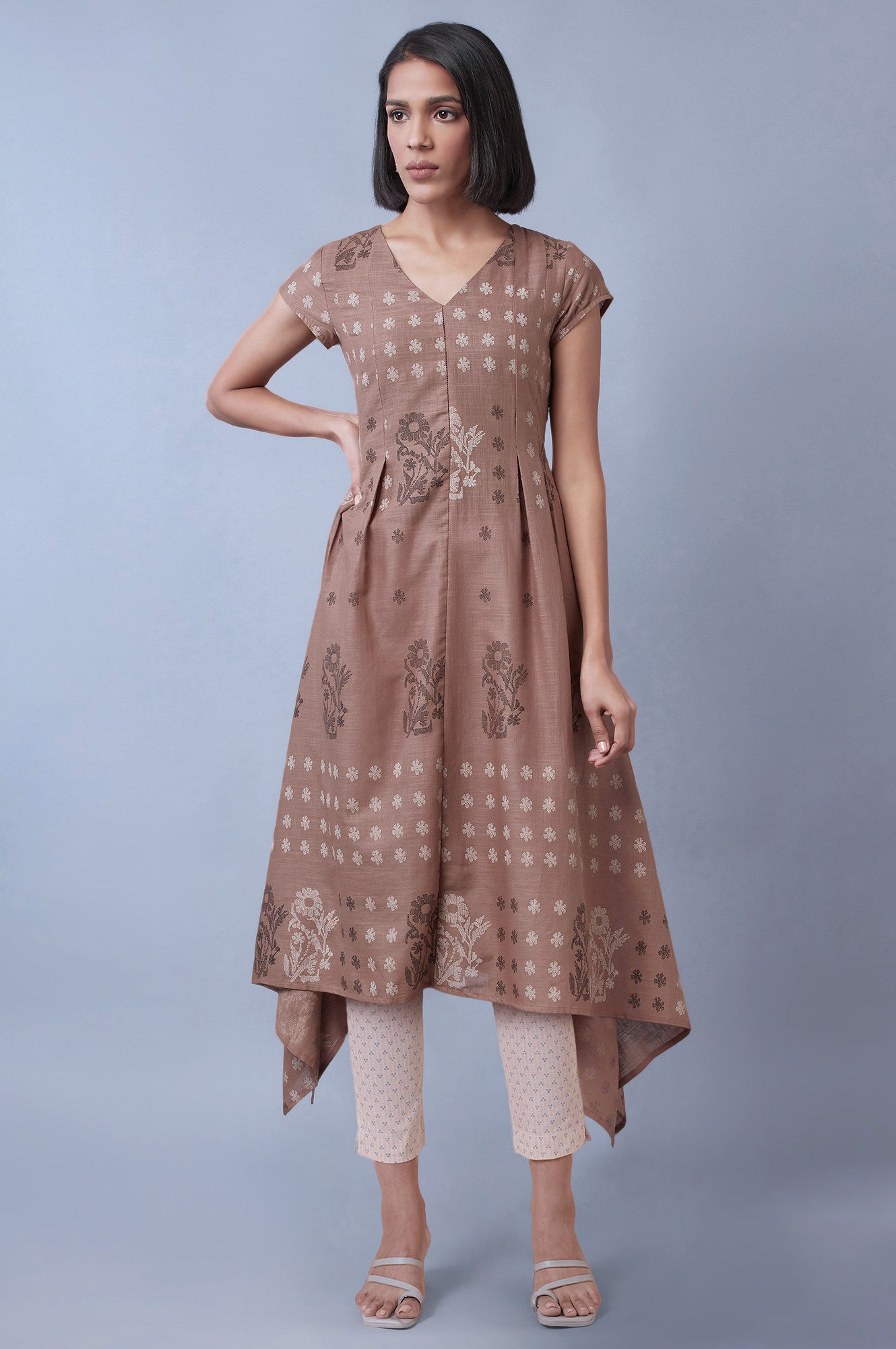 Beige Floral Printed Pure Cotton Flared Kurta and Slim Pant Set