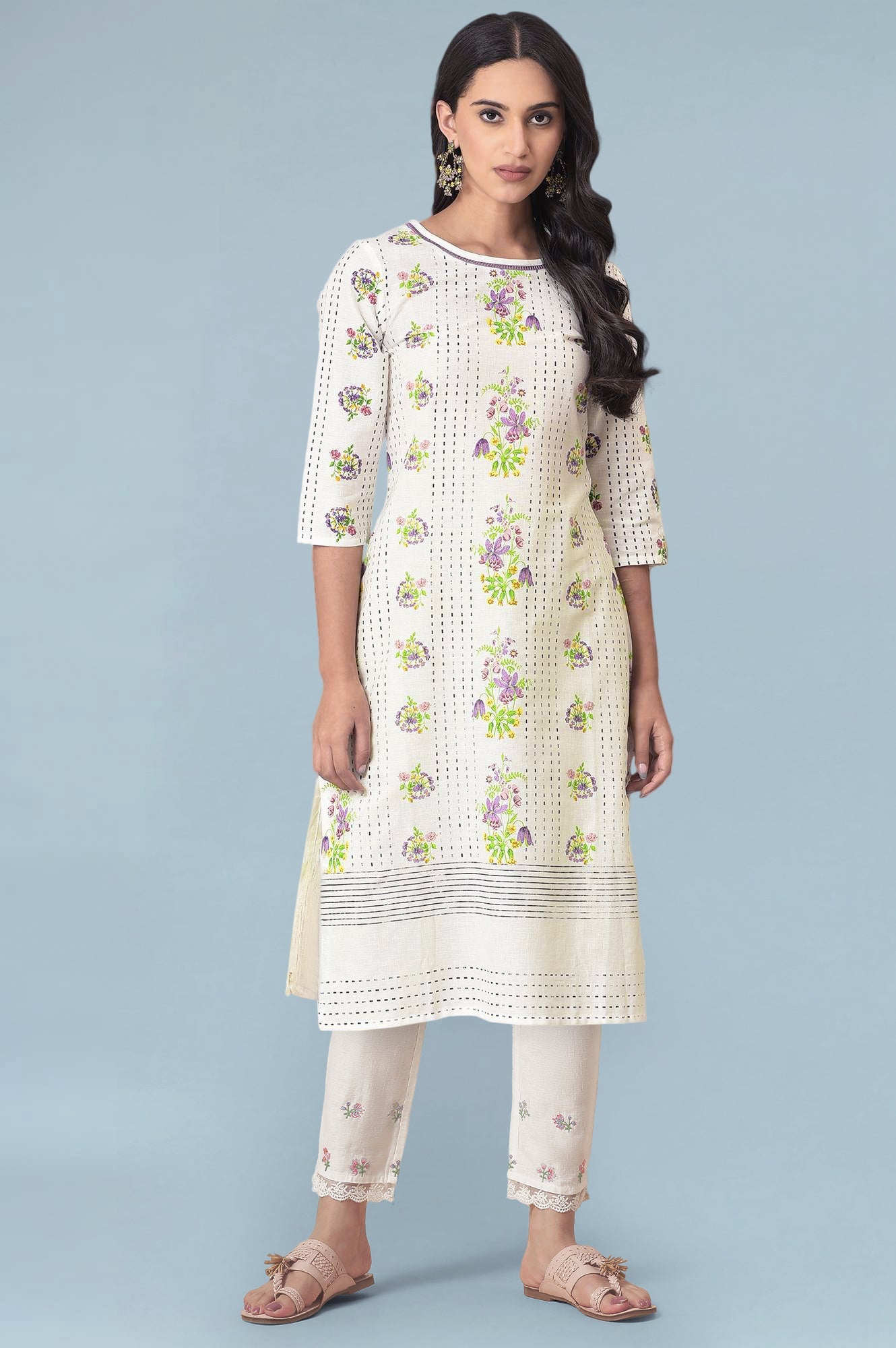 Ecru Floral Lace Cotton Flax Straight Kurta and Slim Pant Set