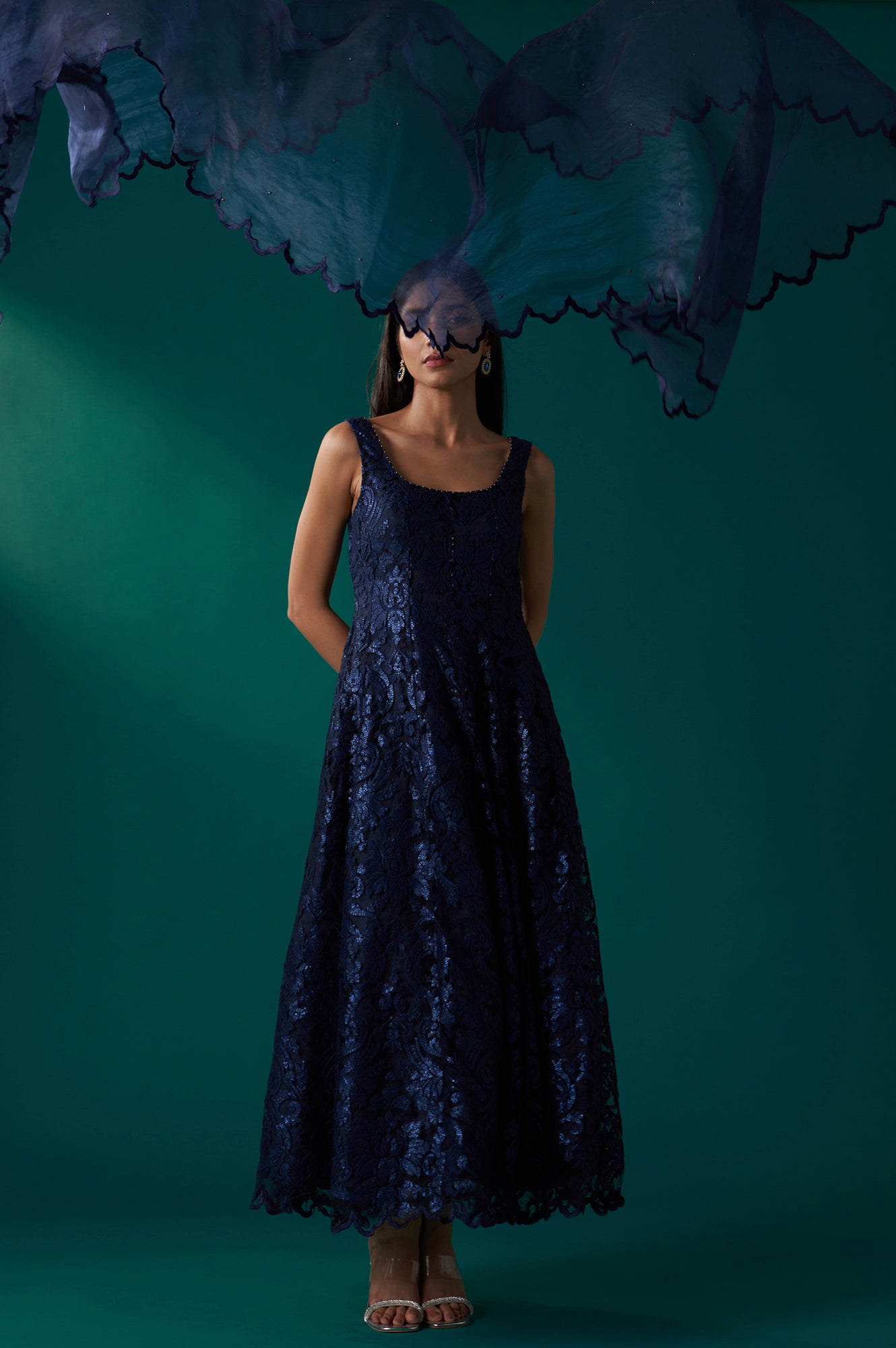 Navy Blue Sequin Embroidered Anarkali Dress and Scalloped Organza Dupatta Set