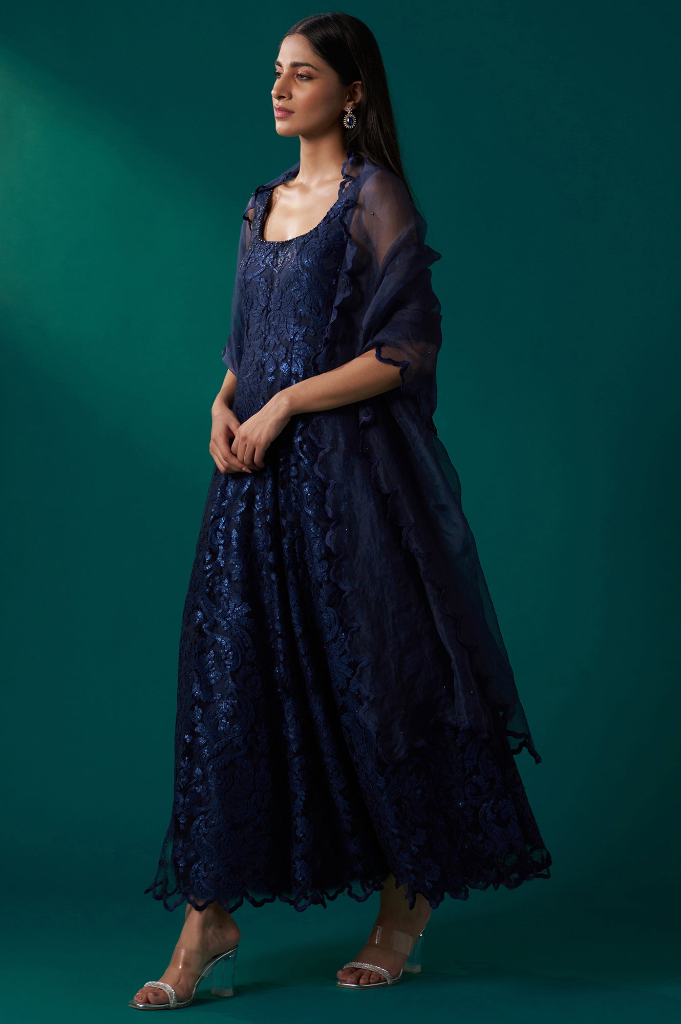 Navy Blue Sequin Embroidered Anarkali Dress and Scalloped Organza Dupatta Set