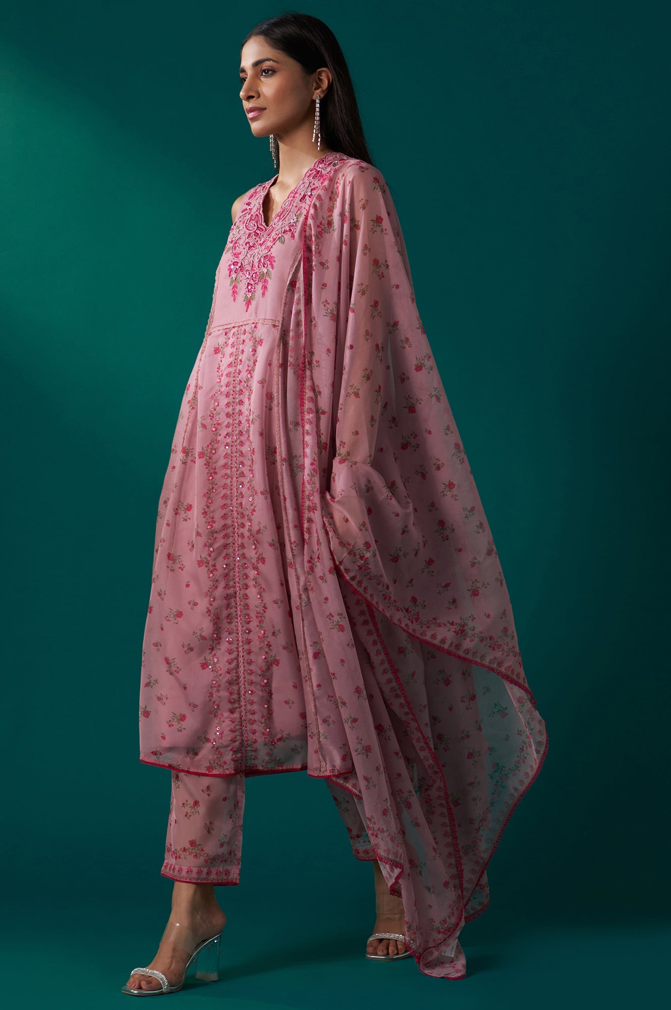 Pink Floral Printed Dori Embroidered Sleeveless Flared Kurta, Pants and Dupatta Set