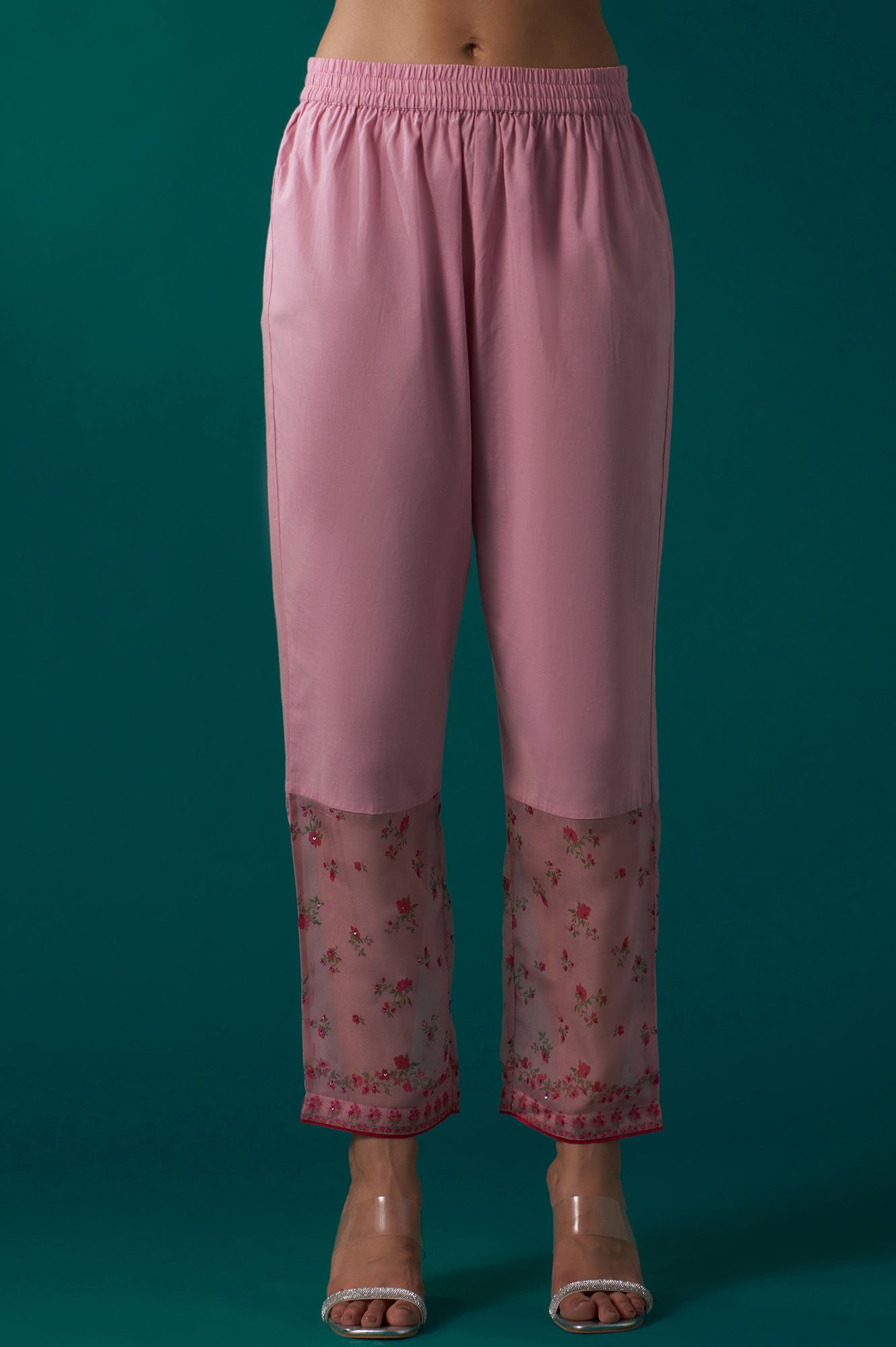 Pink Floral Printed Dori Embroidered Sleeveless Flared Kurta, Pants and Dupatta Set