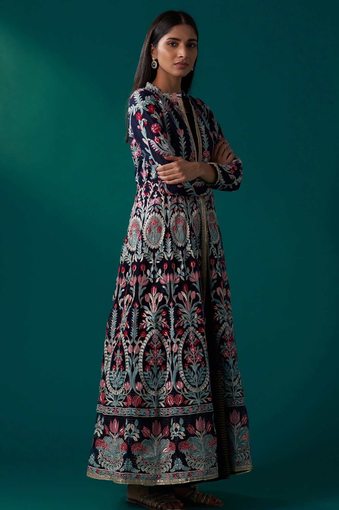 Navy Blue Aari Embroidery Panelled Jacket and Sleeveless Anarkali Dress Set