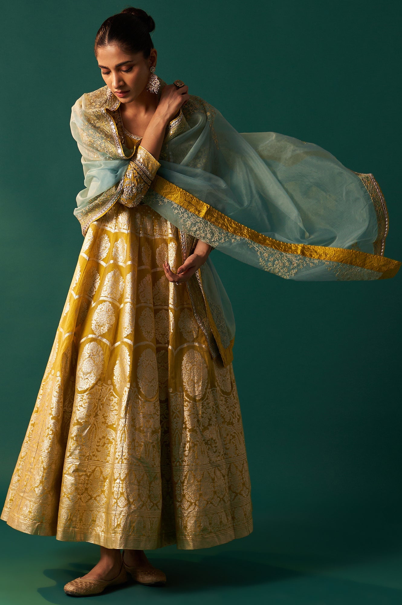 Green Embroidered Zari Work Flared Cotton Dress with Dupatta Set