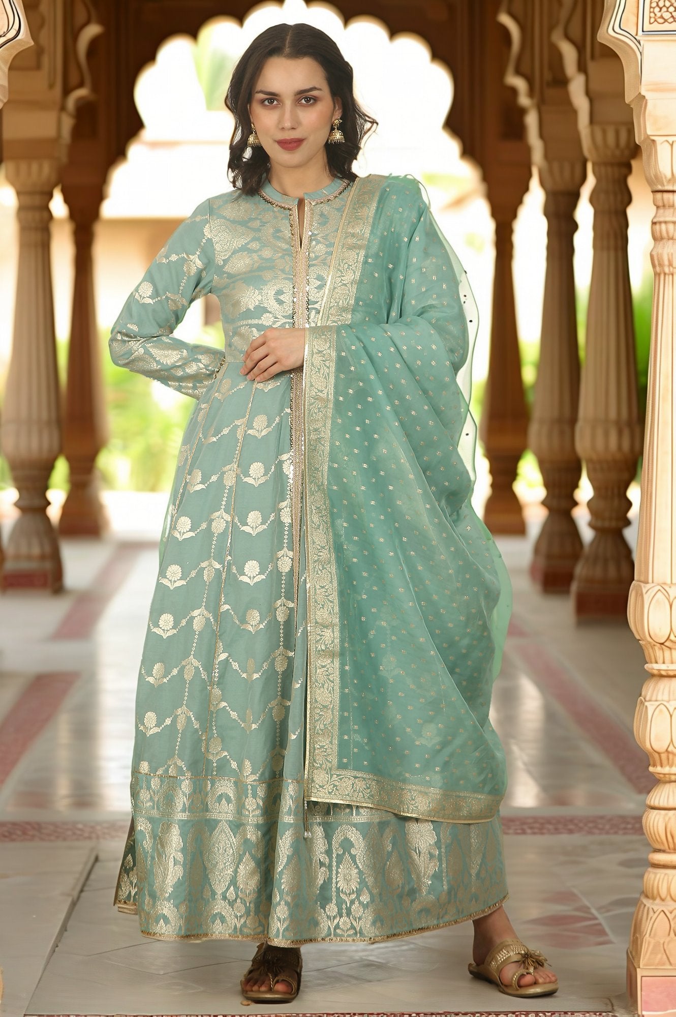 Aqua Green Zari Embroidered Jacquard Anarkali and Dupatta Set