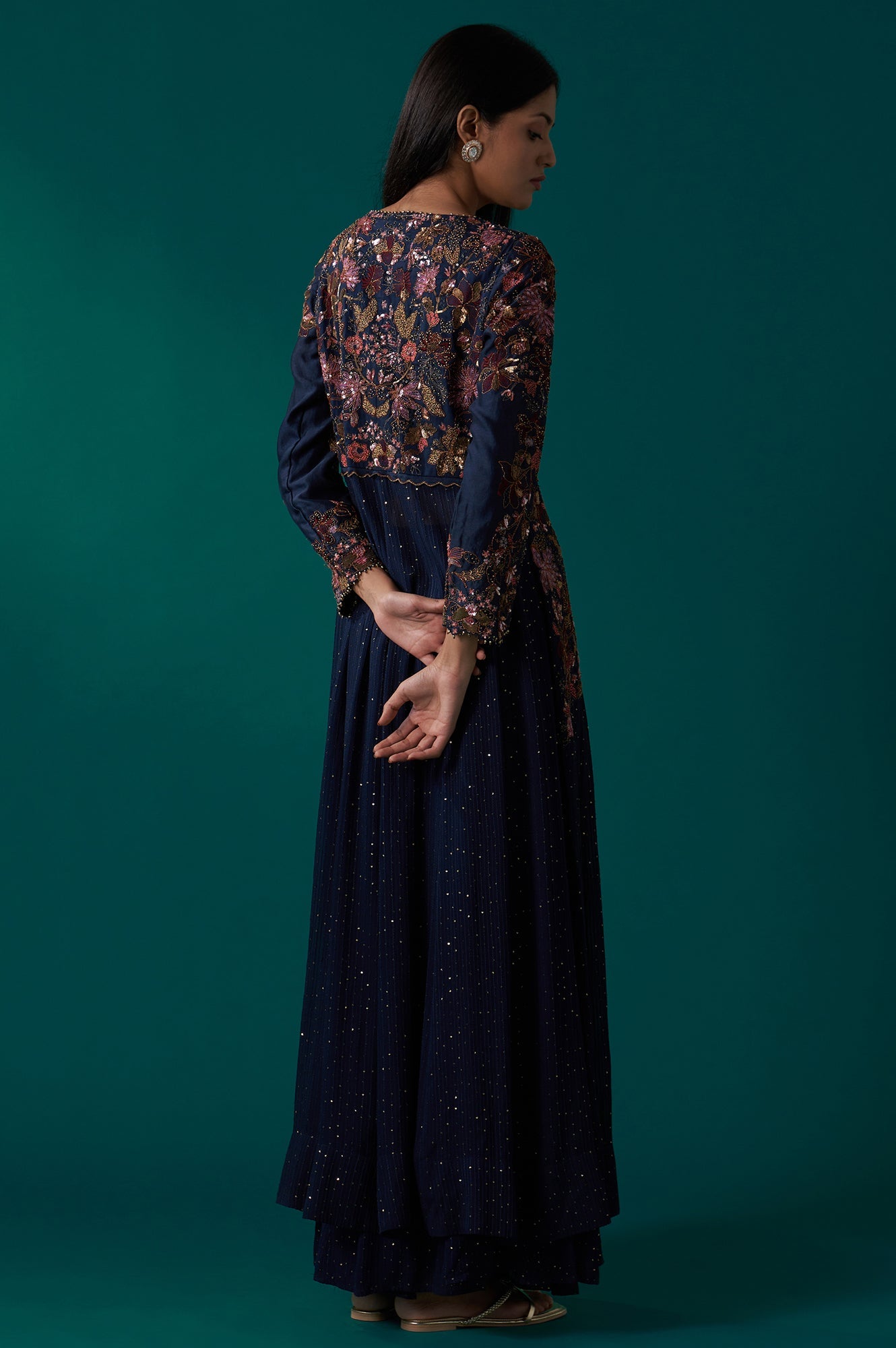 Navy Blue Heavy Embroidered Flared Georgette Kurta with Culottes Set