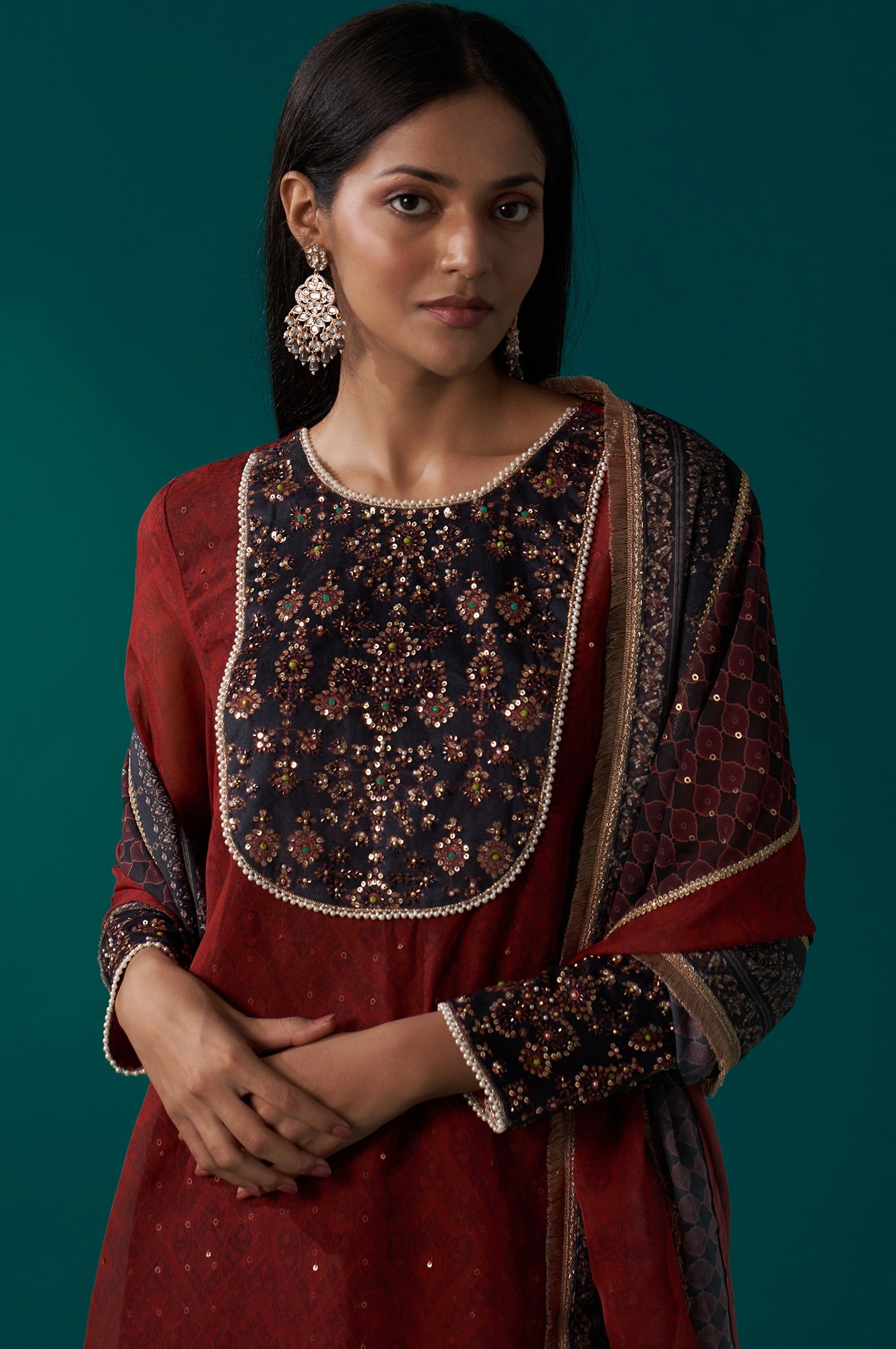 Red Abstract Printed Beaded A-Line Organza Kurta with Culottes and Dupatta Set