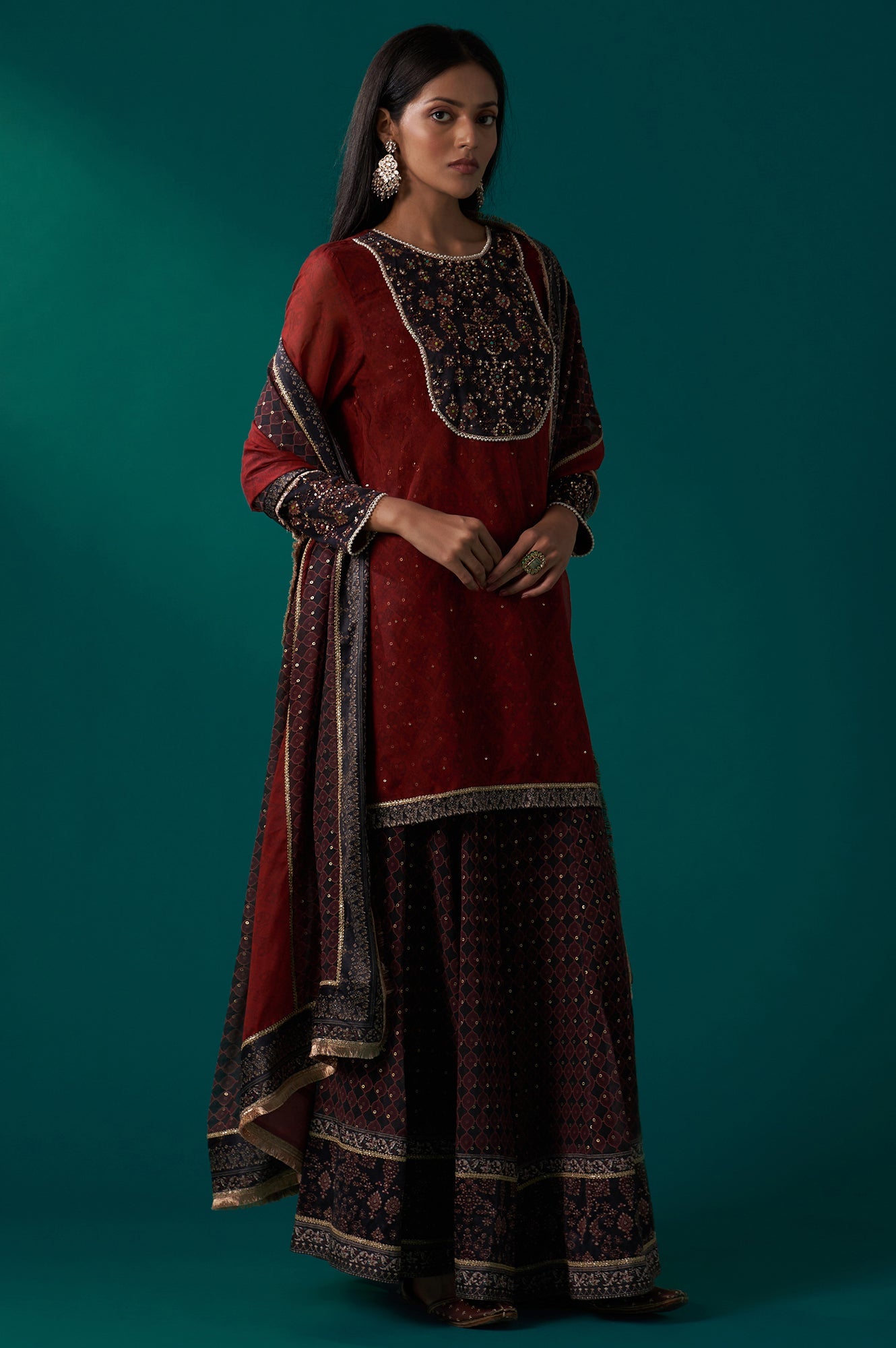 Red Abstract Printed Beaded A-Line Organza Kurta with Culottes and Dupatta Set