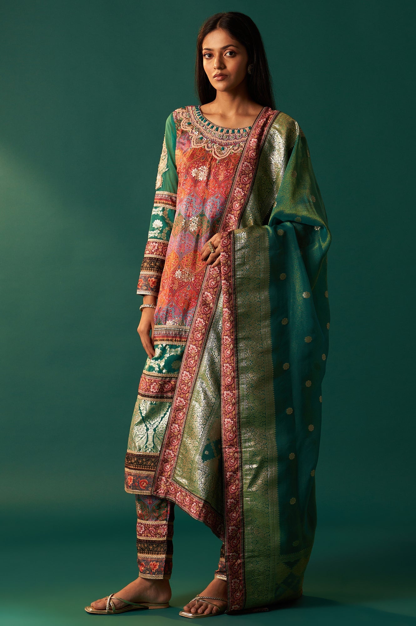 Multicolour Printed Jacquard Straight Kurta, Straight Pant and Dupatta Set