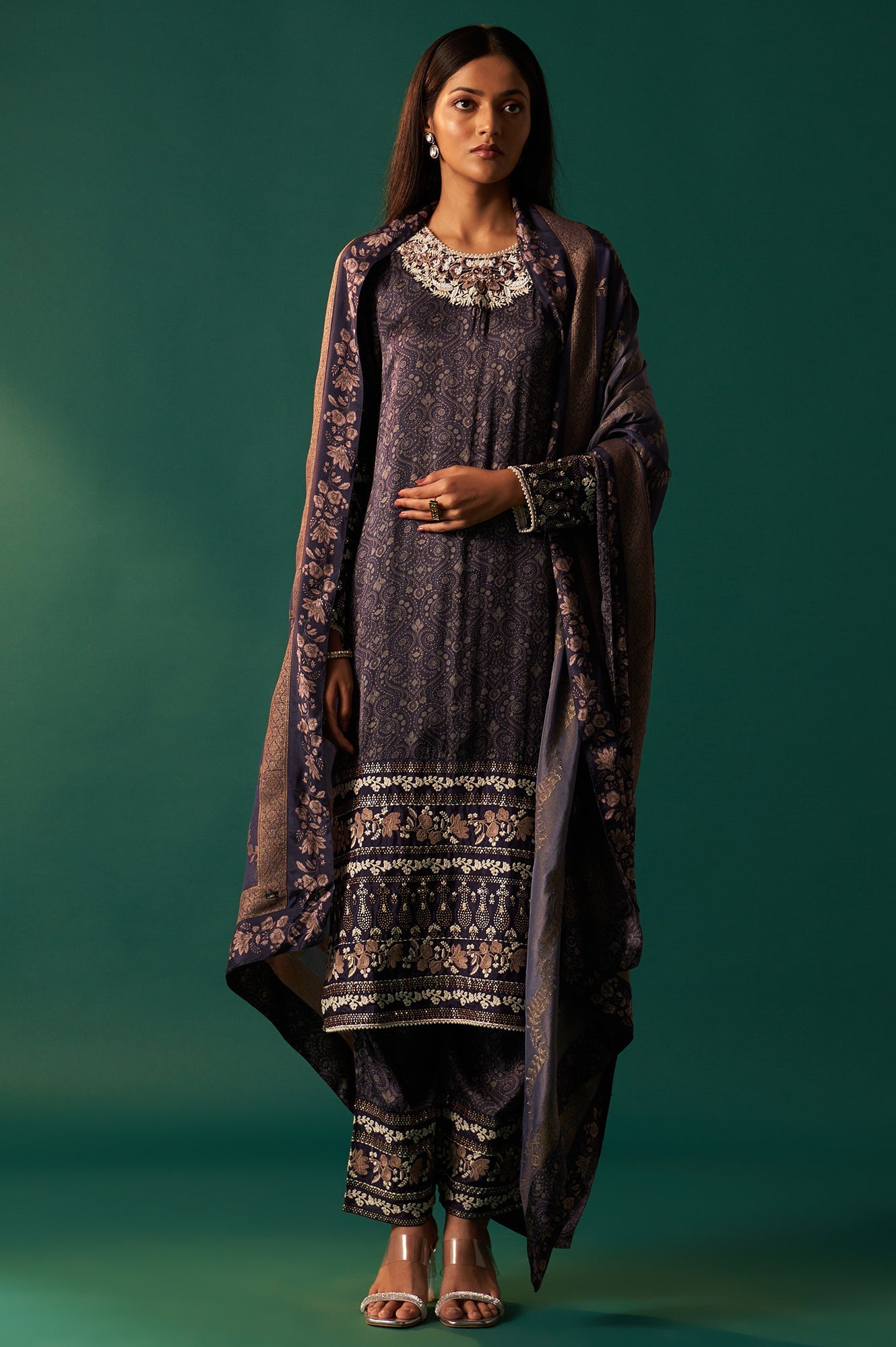 Navy Blue Floral Printed Embroidered Straight Modal Satin Kurta with Parallel Pants and Dupatta Set