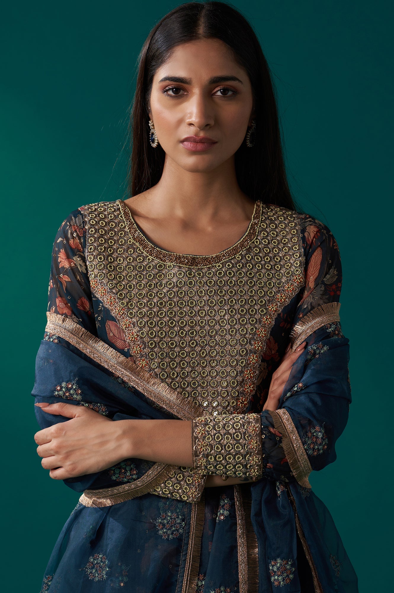 Teal Floral Printed Metallic Embroidery Anarkali Kurta with Parallel Pants and Dupatta Set