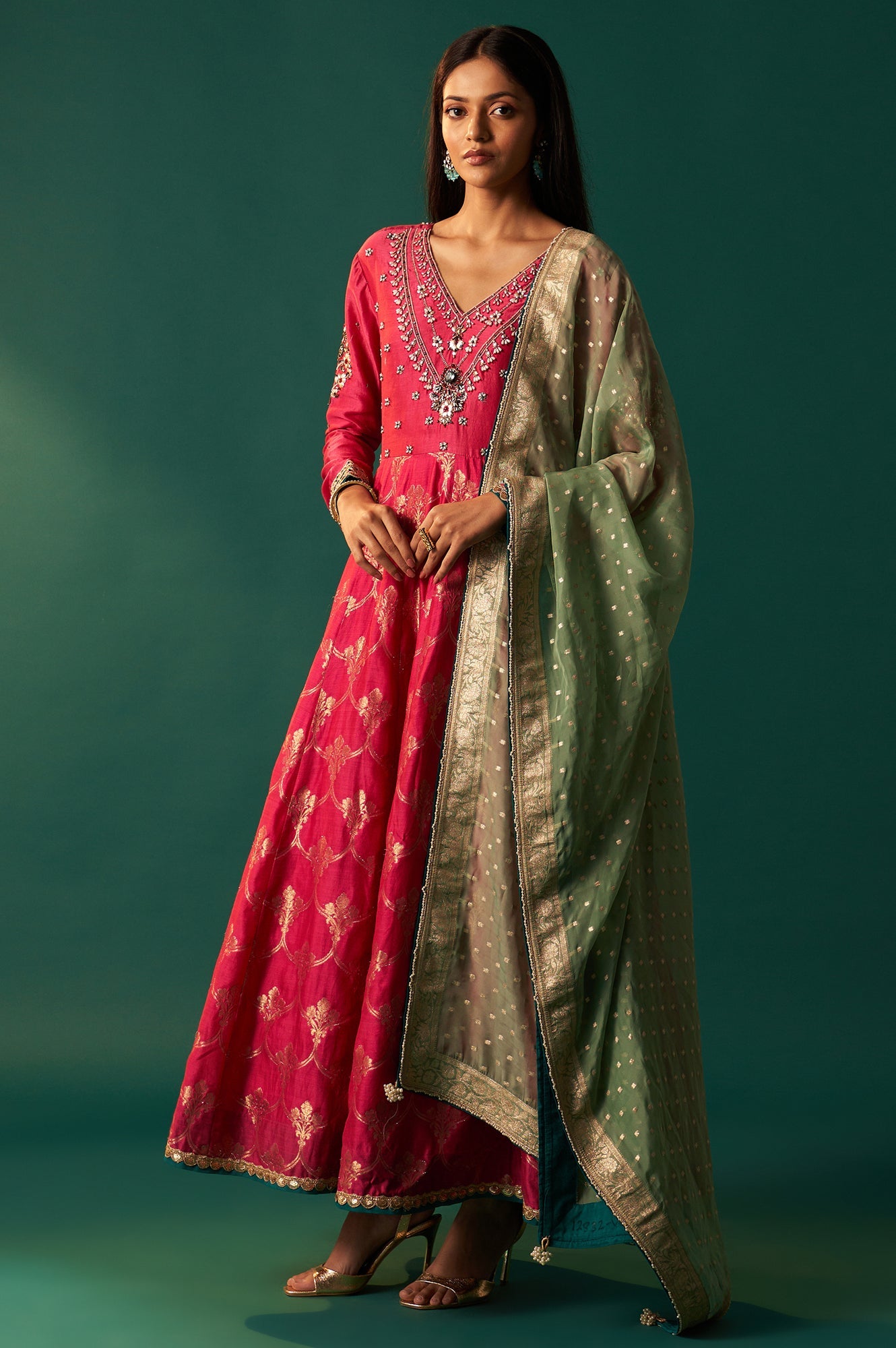 Pink Embroidered Chanderi Jaquard Zari Anarkali Kurta with Churidar and Dupatta Set