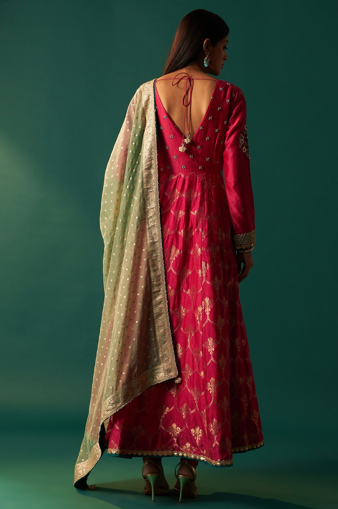 Pink Embroidered Chanderi Jaquard Zari Anarkali Kurta with Churidar and Dupatta Set