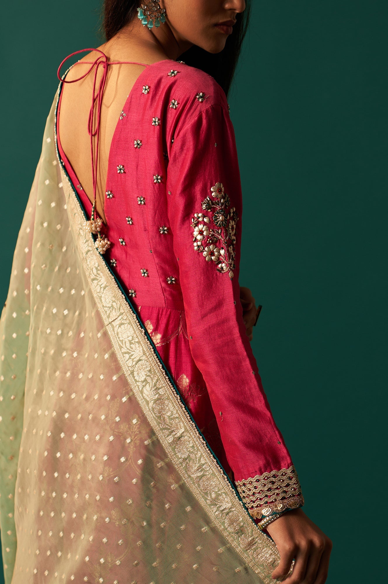 Pink Embroidered Chanderi Jaquard Zari Anarkali Kurta with Churidar and Dupatta Set