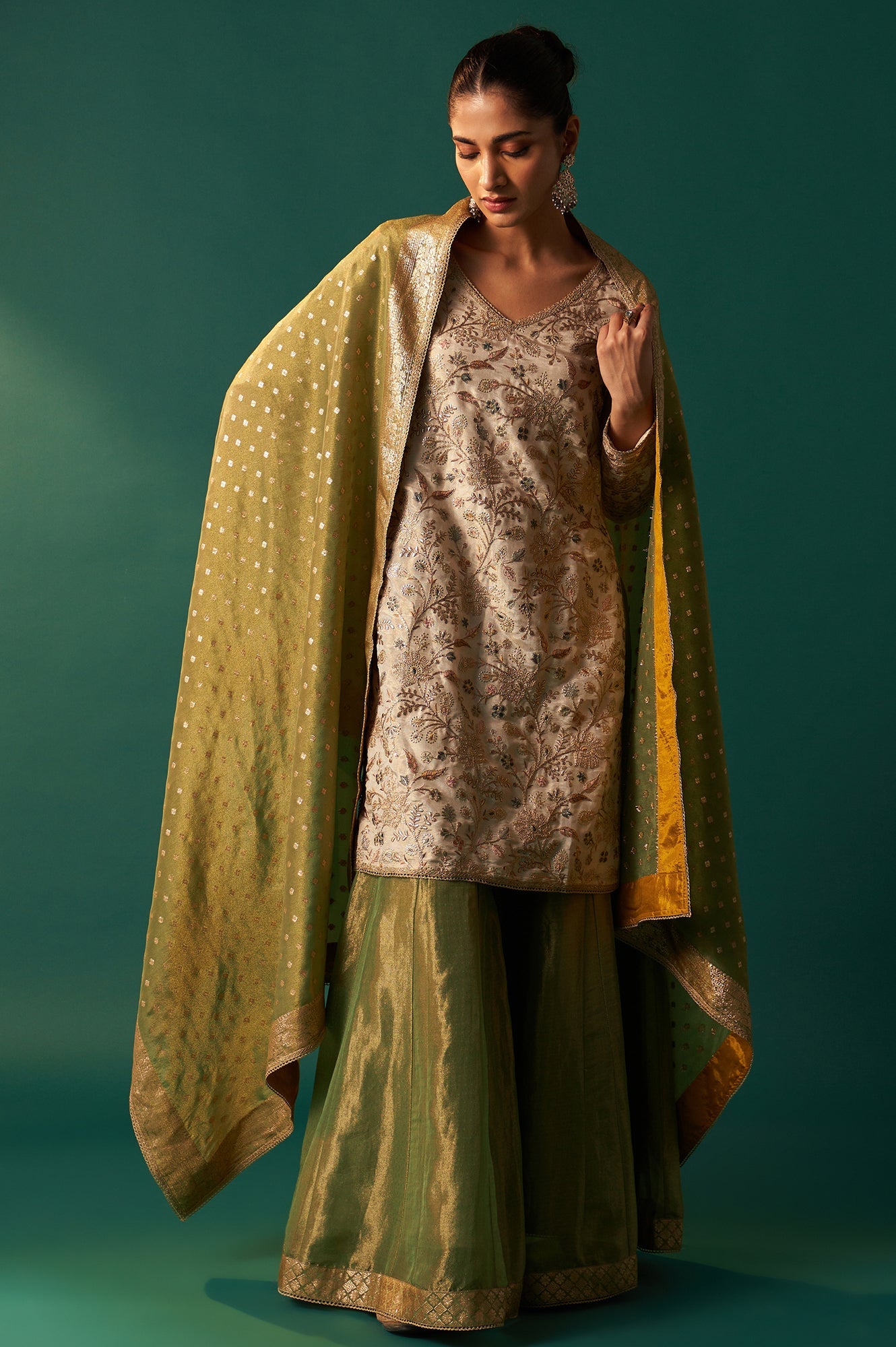 White Zari Embroidered Tissue Straight Kurta with Sharara and Dupatta Set