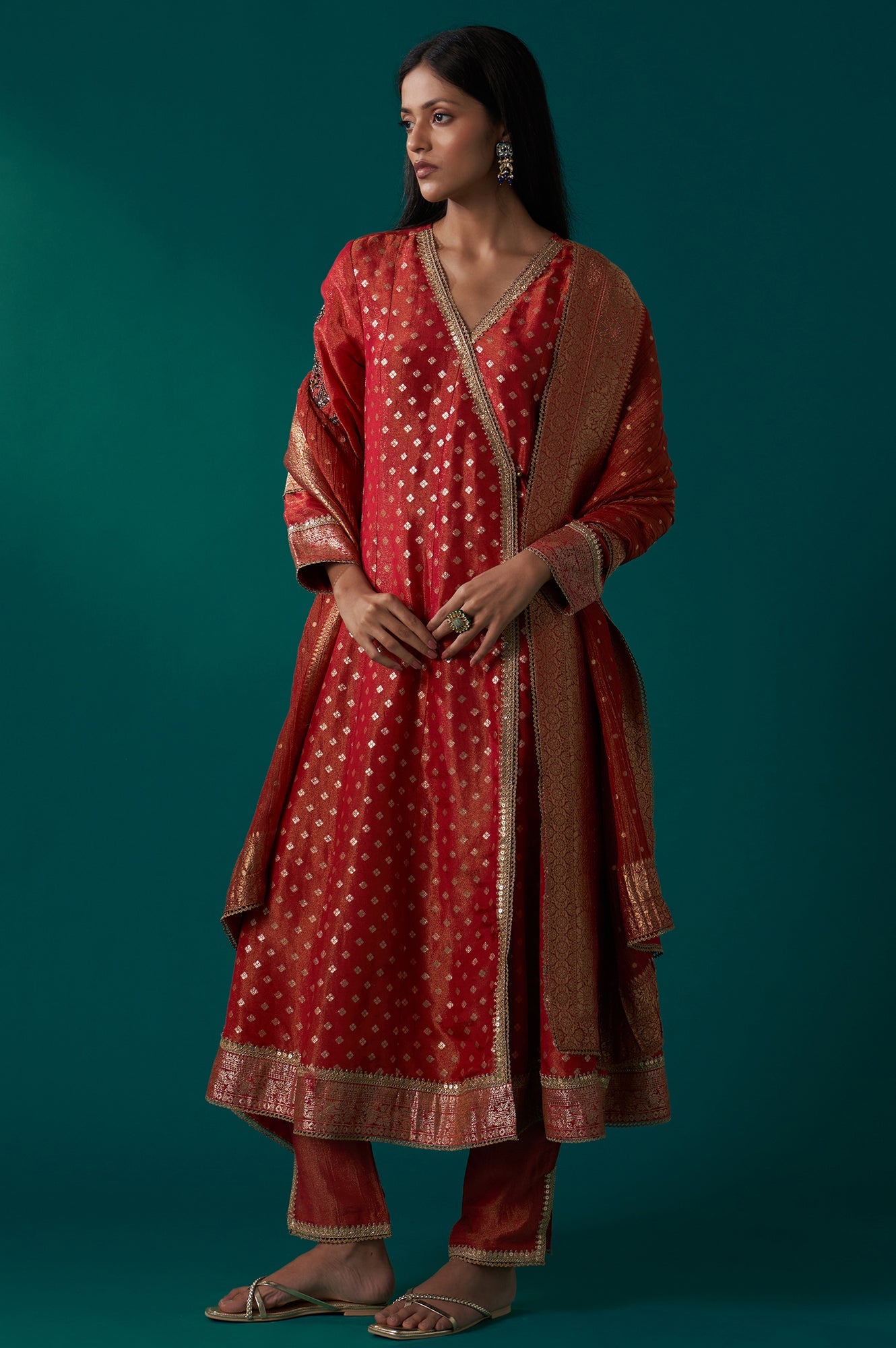 Red Embroidered Tissue Jacquard Angarkha Kurta with Pant and Dupatta Set