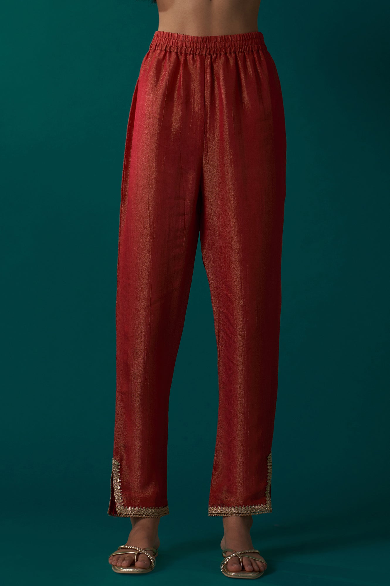 Red Embroidered Tissue Jacquard Angarkha Kurta with Pant and Dupatta Set