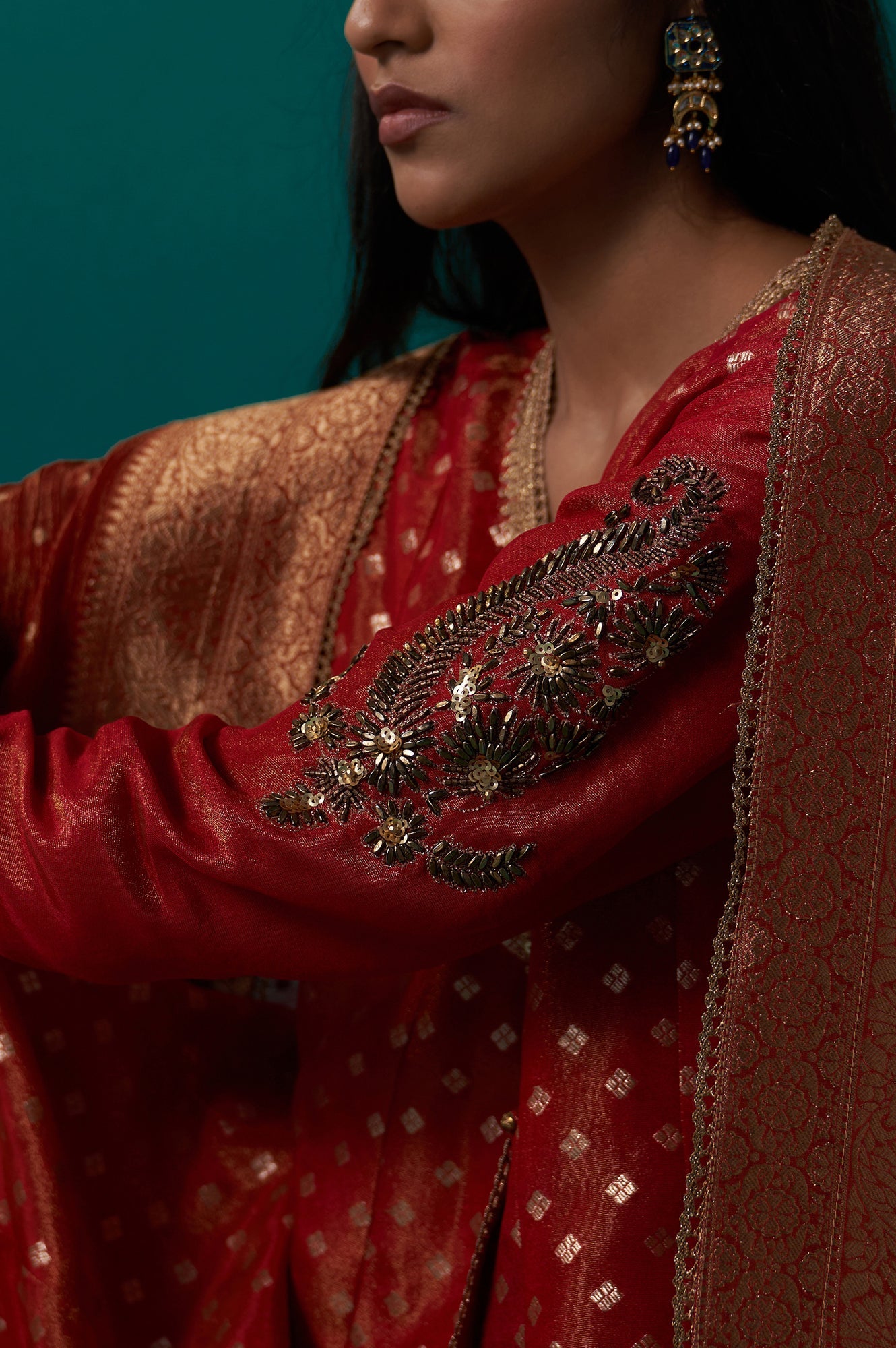 Red Embroidered Tissue Jacquard Angarkha Kurta with Pant and Dupatta Set