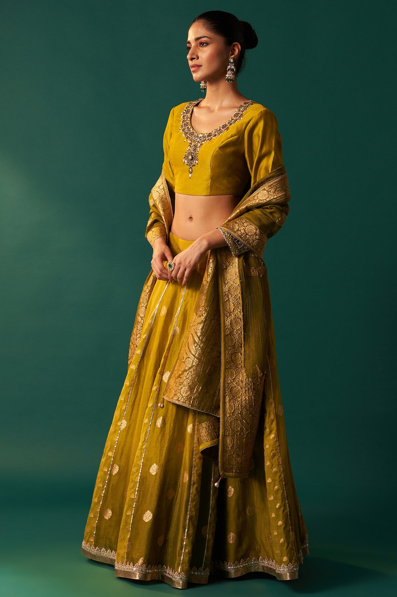 Green Embroidered Flared Cotton Blouse with Skirt and Dupatta Set