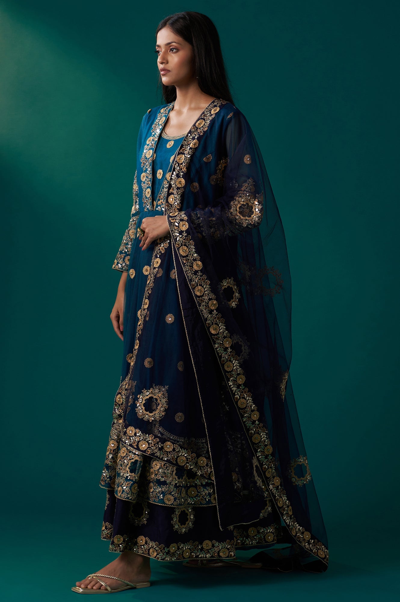Blue Embroidered Zardozi Anarkali Kurta with Churidar and Dupatta Set