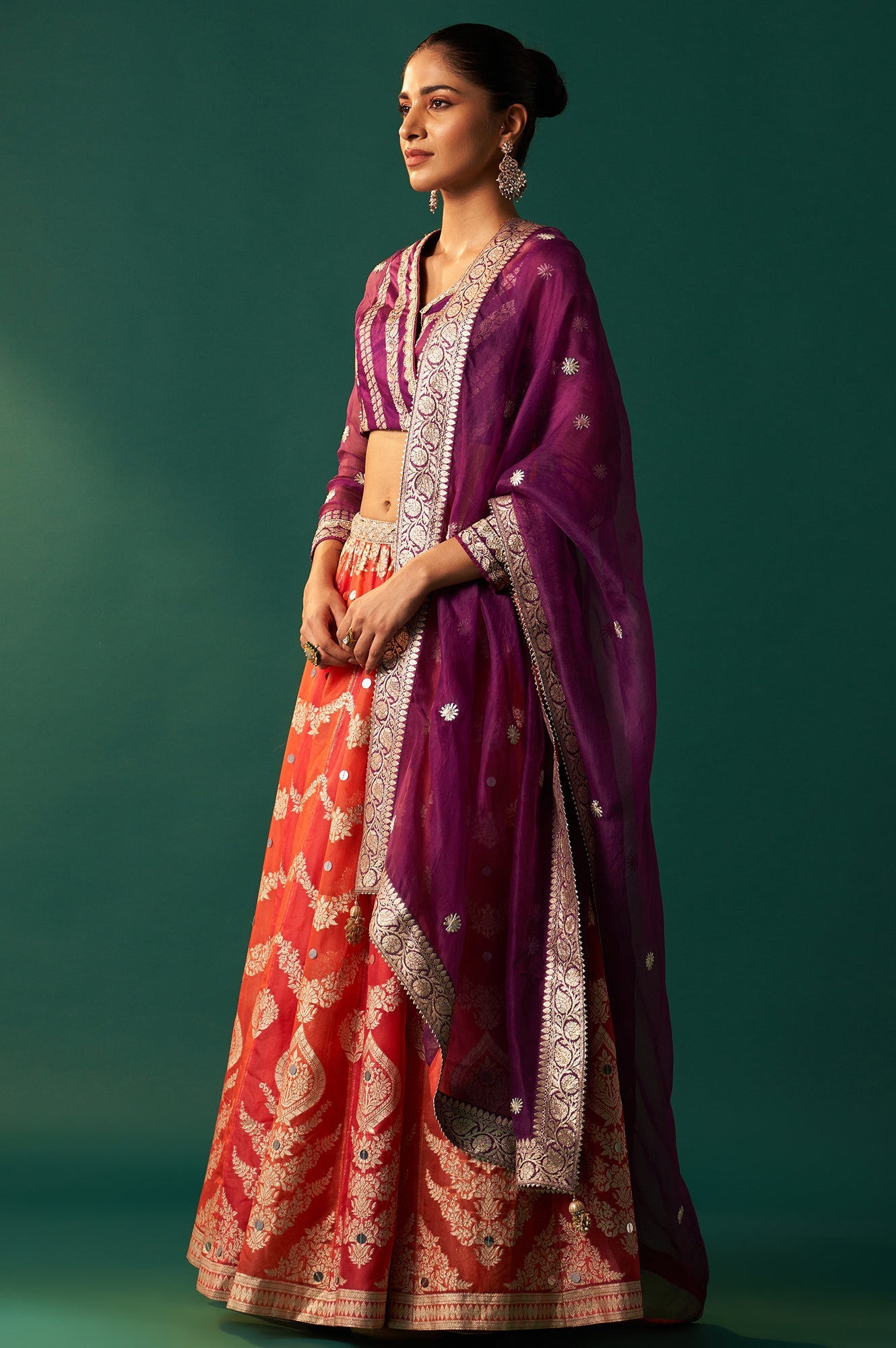 Purple Zari Embroidered Jacquard Blouse with Flared Skirt and Dupatta Set