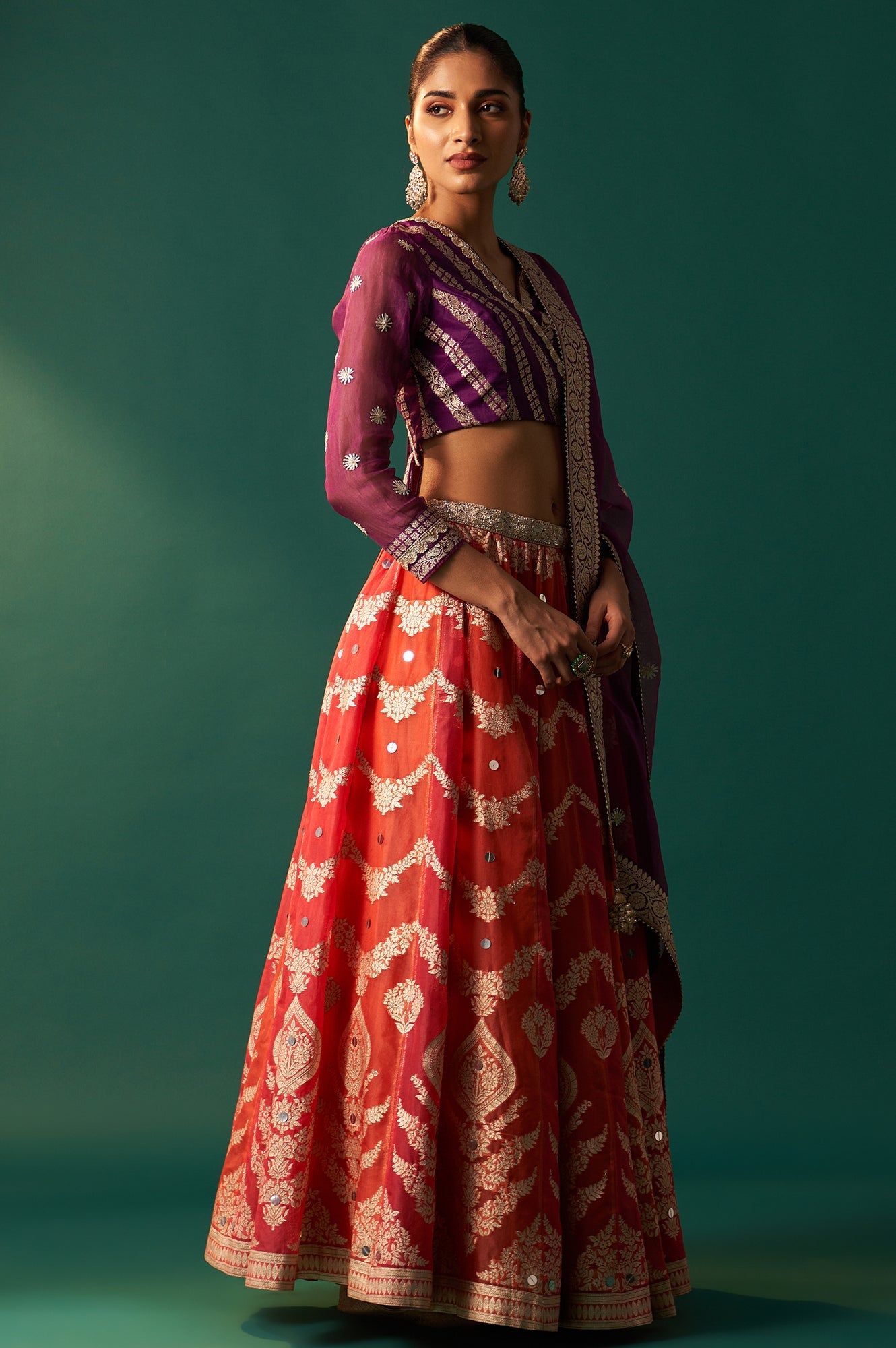 Purple Zari Embroidered Jacquard Blouse with Flared Skirt and Dupatta Set