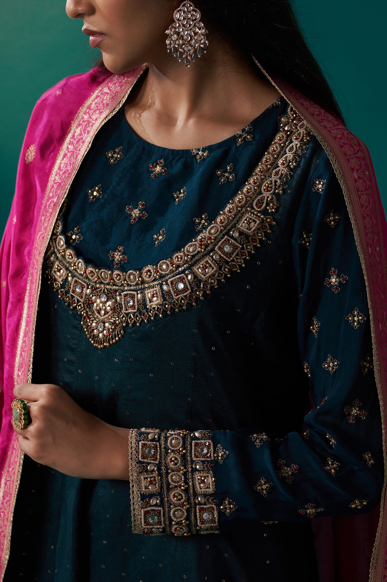 Teal Green Heavy Embroidered Sequined Anarkali Kurta with Straight Pant and Dupatta Set