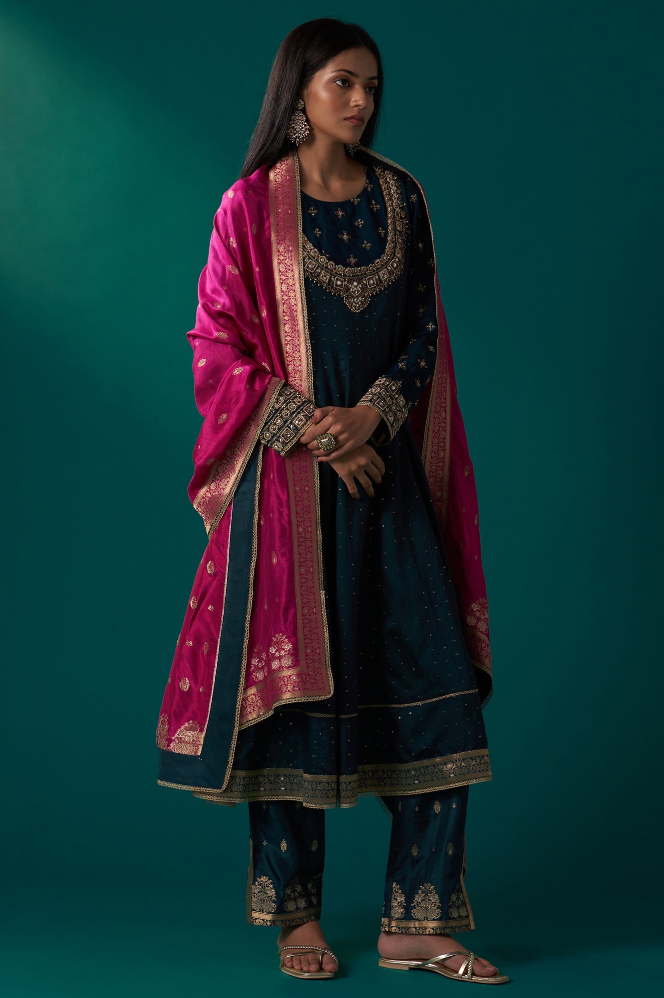 Teal Green Heavy Embroidered Sequined Anarkali Kurta with Straight Pant and Dupatta Set