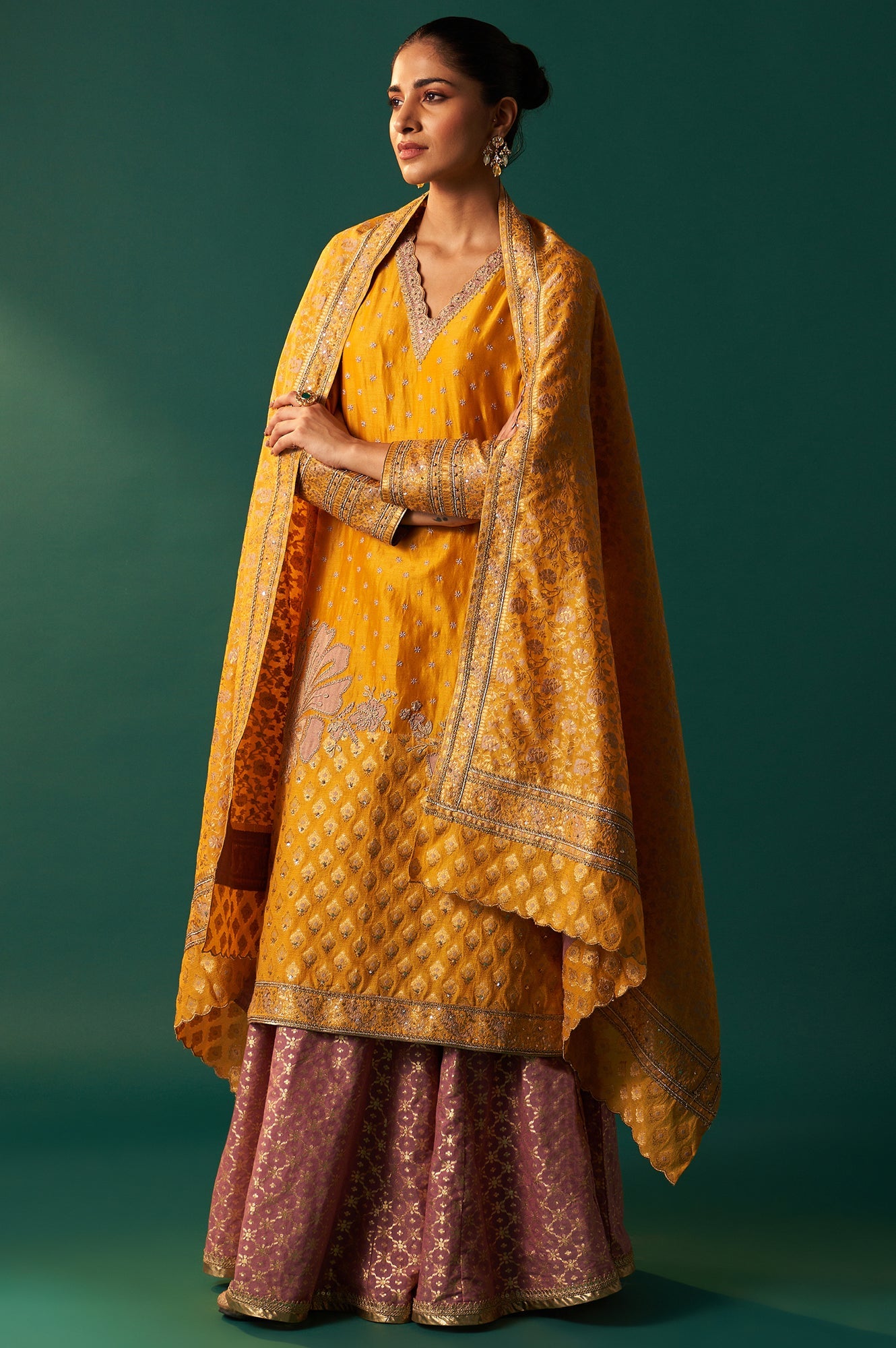 Yellow Embroidered Jacquard Straight Festive Kurta with Culotte and Dupatta Set