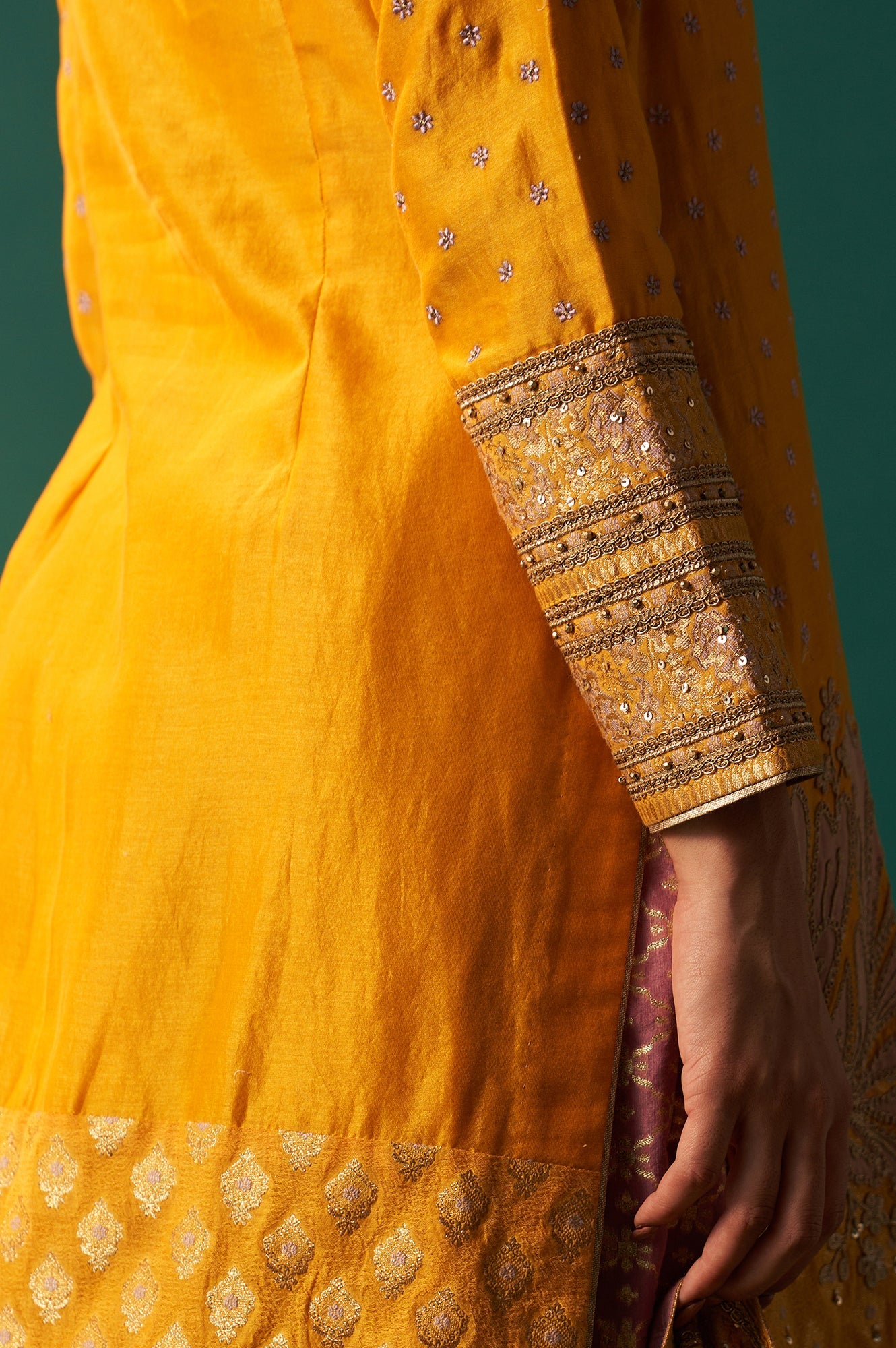 Yellow Embroidered Jacquard Straight Festive Kurta with Culotte and Dupatta Set
