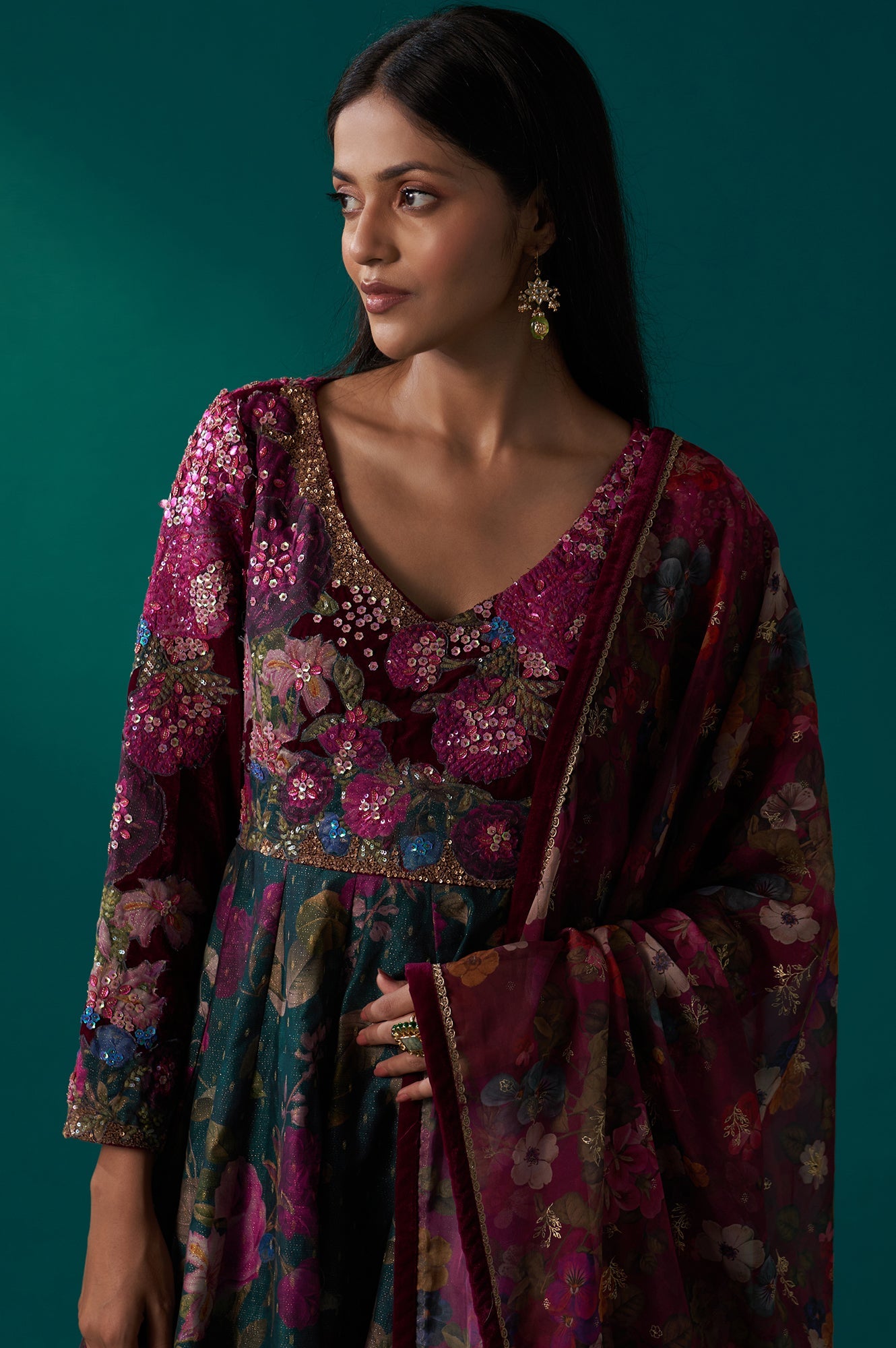 Green Floral Printed Sequined Yoke Festive Anarkali Dress with Churidar and Dupatta Set