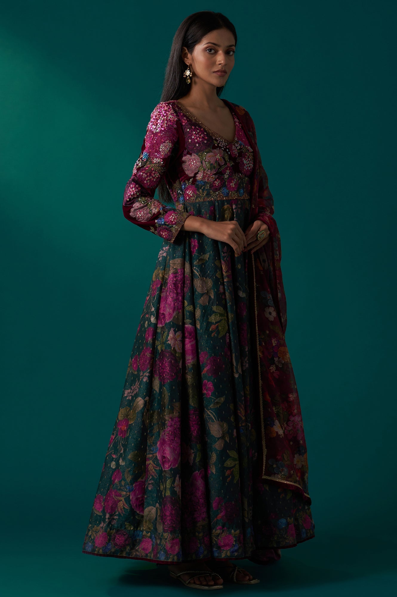 Green Floral Printed Sequined Yoke Festive Anarkali Dress with Churidar and Dupatta Set