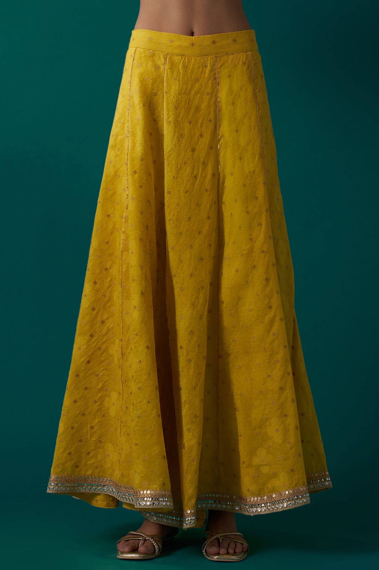Yellow Embroidered Jacquard Straight Short Kurta with Culotte and Dupatta Set