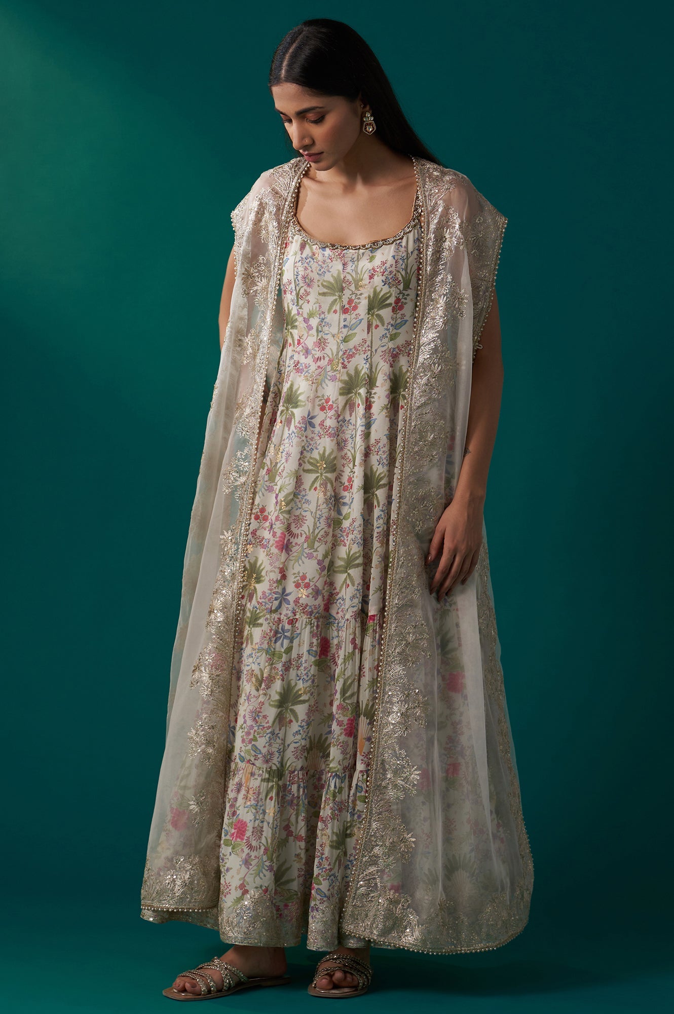 White Floral Printed Anarkali Dress and Embroidered Organza Cape Set