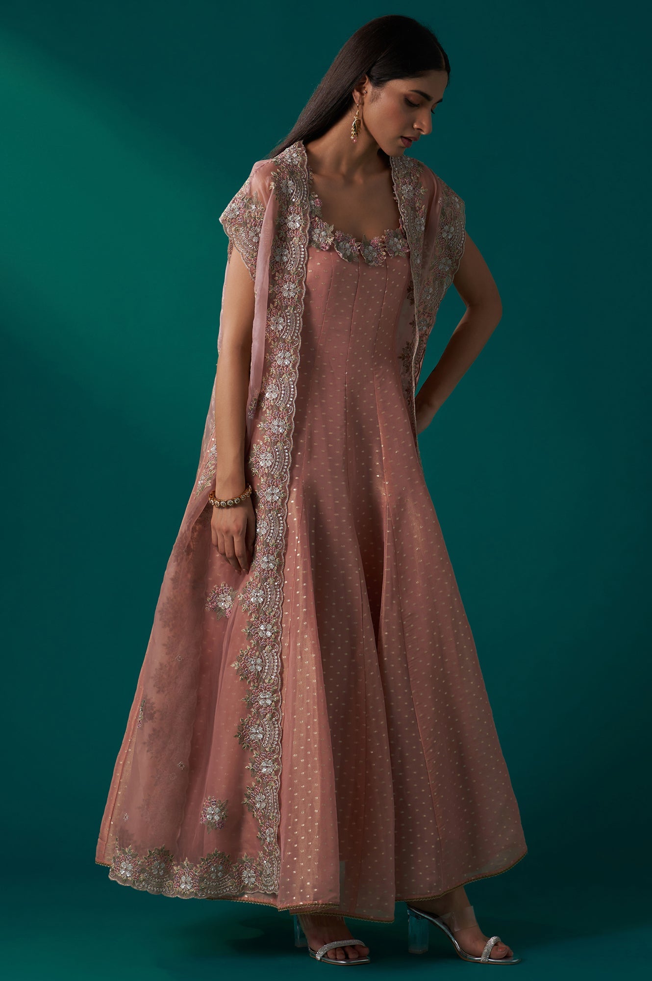Peach Heavy Embroidered Tissue Cape and Anarkali Dress Set