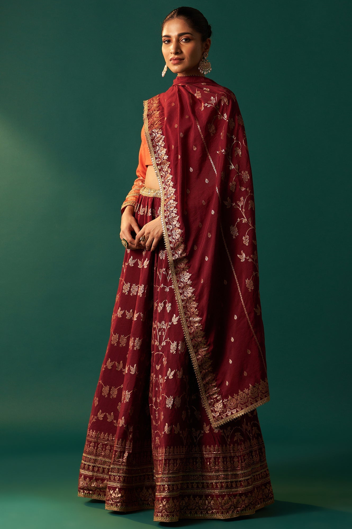 Orange Zari Embroidered Jacquard Blouse with Flared Maroon Skirt and Dupatta Set