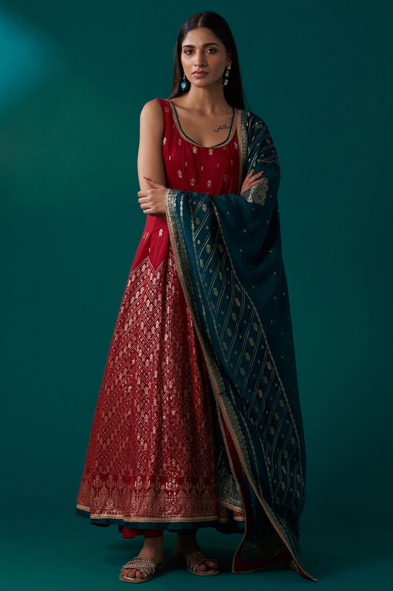 Red Zari Embroidered Jacquard Anarkali Sleeveless Kurta with Churidar and Dupatta Set